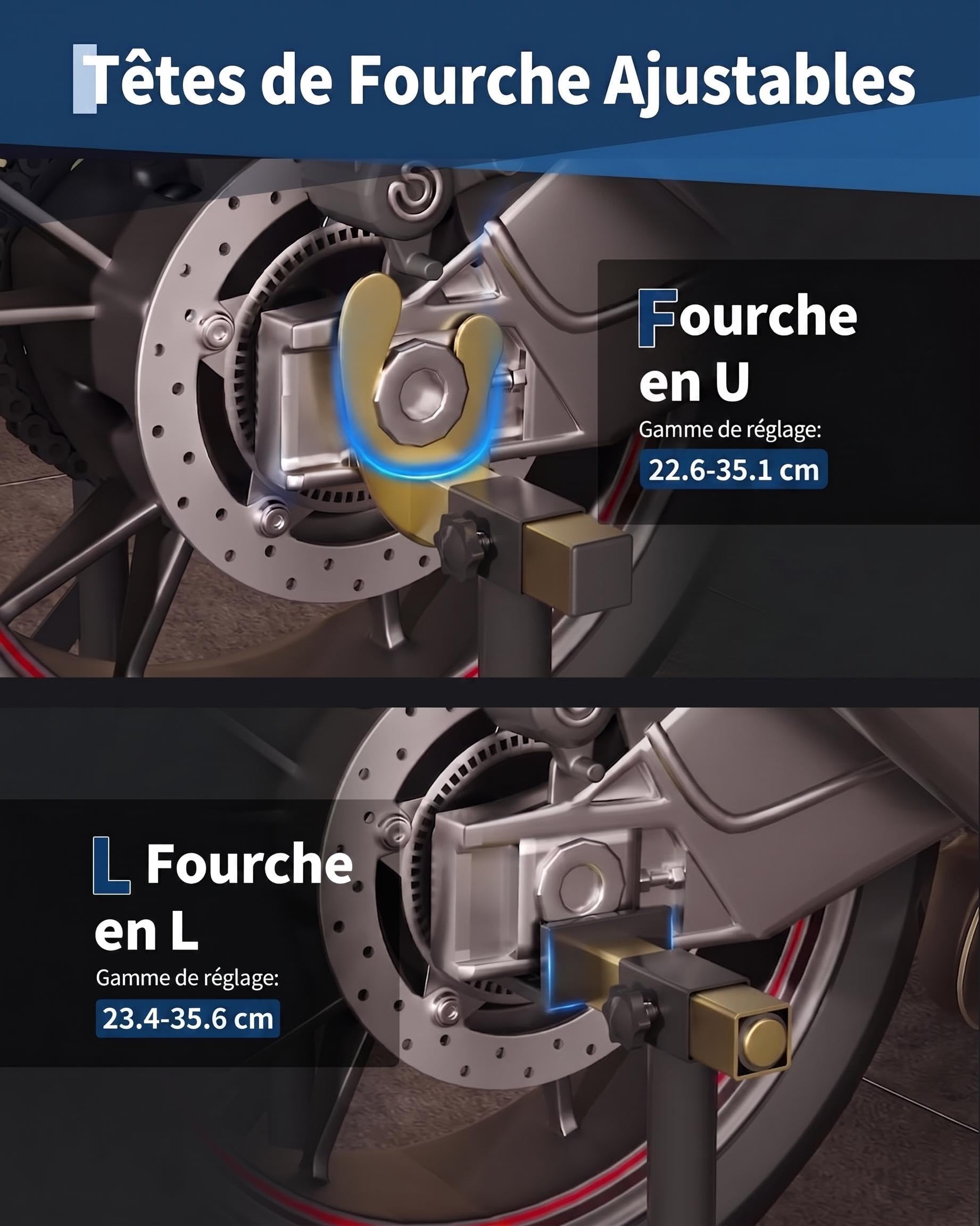 Garvee Kit de 2 Béquilles Moto en Acier, Support Acier 410kg | Support Avant et Arrière Réglable en Acier Haute Résistance, 2 Pièces, Fourches en U, Noir