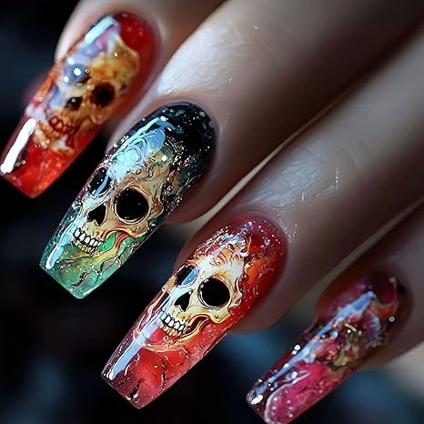 Halloween Press on Nails Long Coffin Fake Nails with Holiday Sugar Skull Design Acrylic Nails Glossy Artificial Glue on Nails for Women 24Pcs Pattern 12