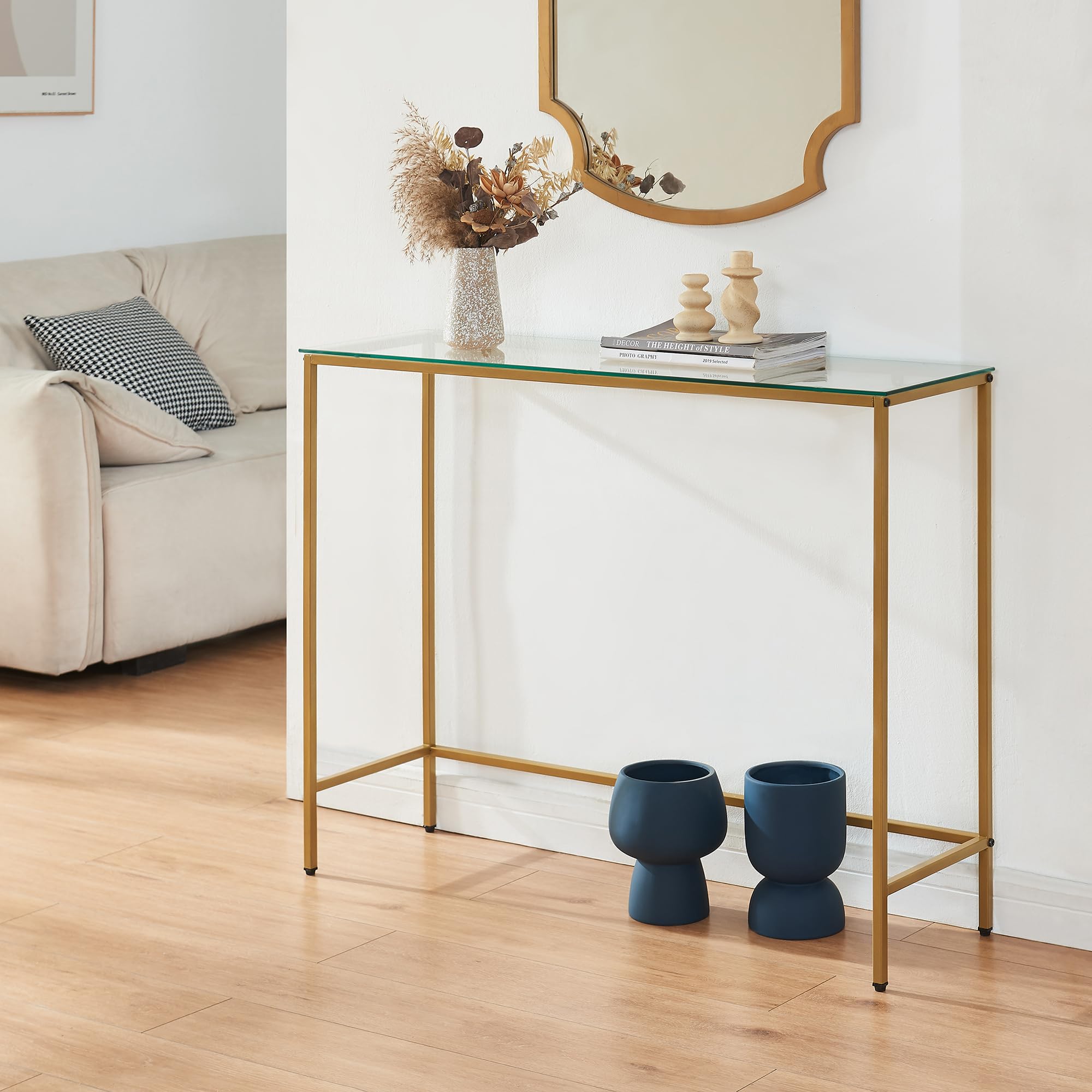 [en.casa] Tavolo a Consolle da Ingresso 100 x 30 x 80 cm Tavolo Stretto con Piano di Appoggio in Vetro e Telaio in Metallo per Corridoio Soggiorno - Color Oro/Trasparente