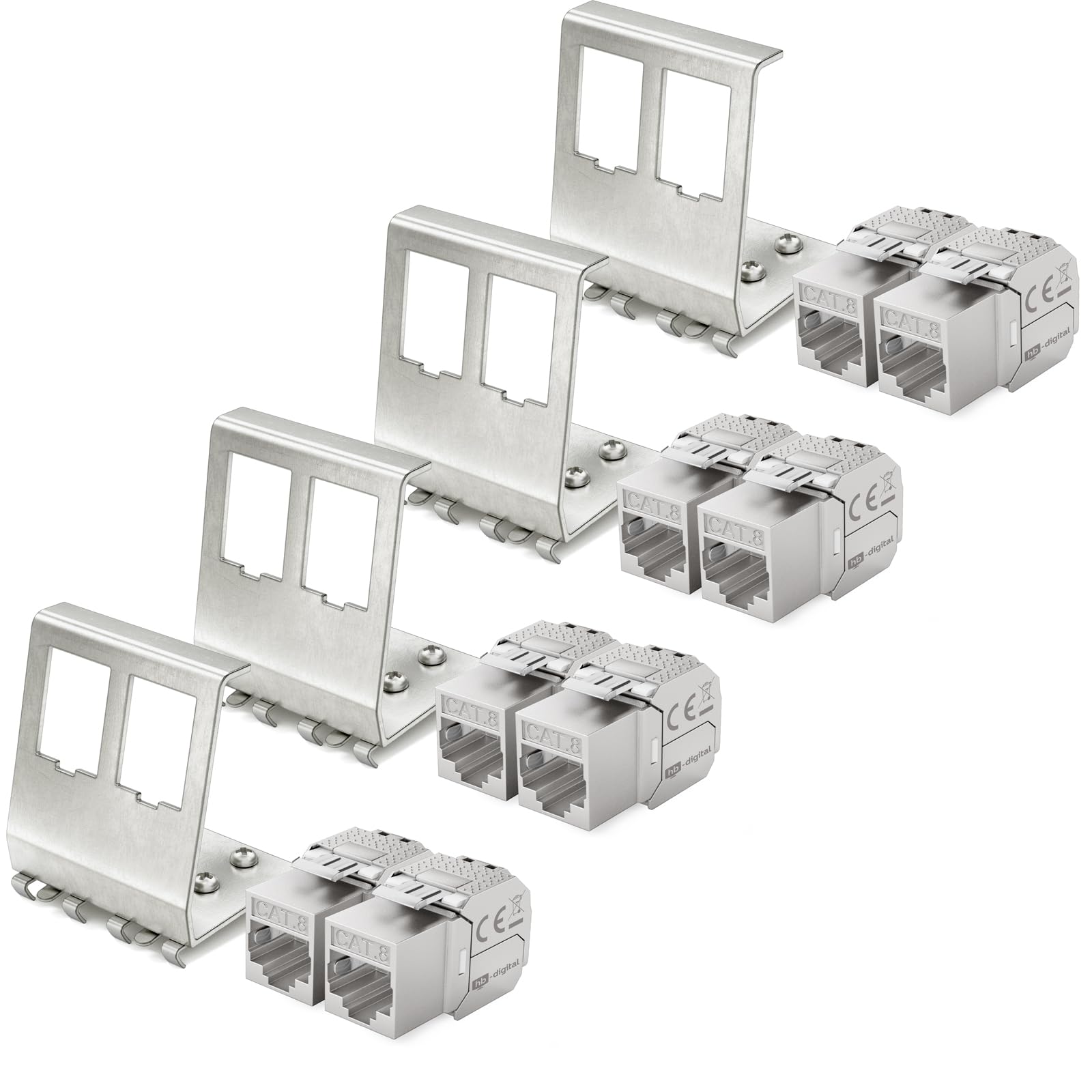 hb-digital Zestaw: 8X CAT.8 Keystone moduł RJ45 + 4 x adapter szyny montażowej metalowy uchwyt Keystone do szyny montażowej 35 mm standard | RJ45-Jack ekranowana stal szlachetna LSA montaż Ethernet