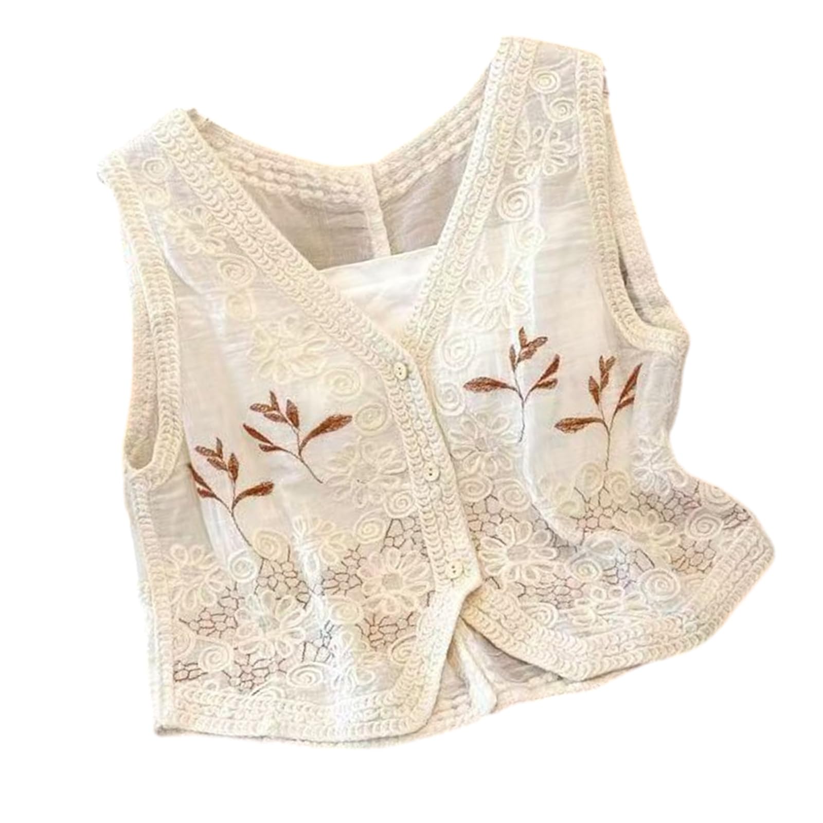 Embroidered Cotton Vest for Women ’ s Casual Outerwear Sleeveless Button Down Crochet Crop Tanks Top Cardigan Women ' s Embroidered Waistcoat