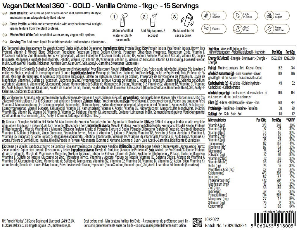 THE PROTEIN WORKS Frullato Sostitutivo Dei Pasti Dietetico Vegano, 100% A Base Vegetale, Vitamine E Minerali Essenziali, Economico, Salutare E Rapido, Crema Alla Vaniglia, 1 kg
