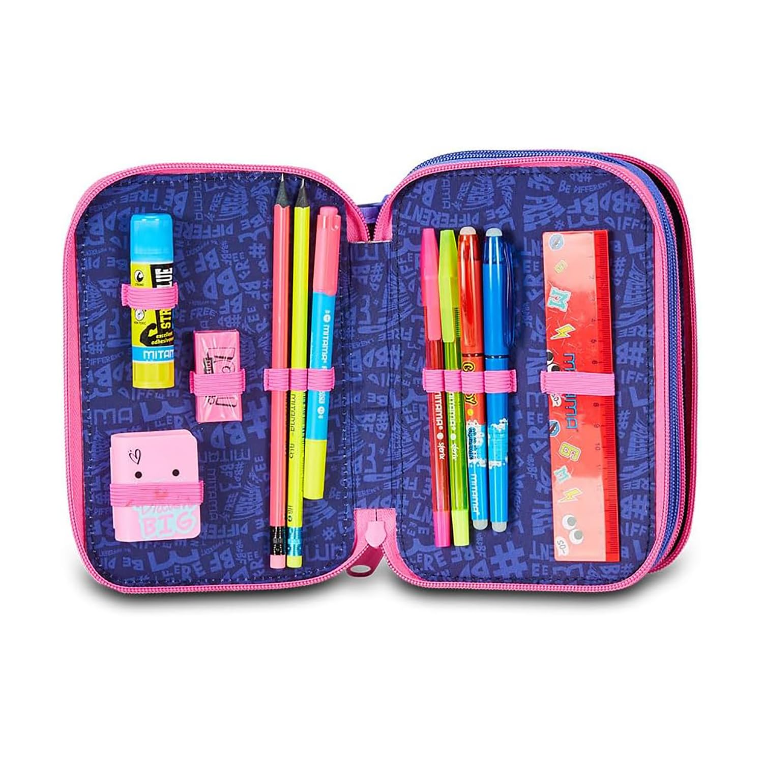 Mitama Astuccio Scuola 3 Scomparti, TRIPLO MAGIC PINK, Contenuto 47 pz, Completo di Matite, Pennarelli, Portapenne Scuola Elementare Bambina, 064512-000