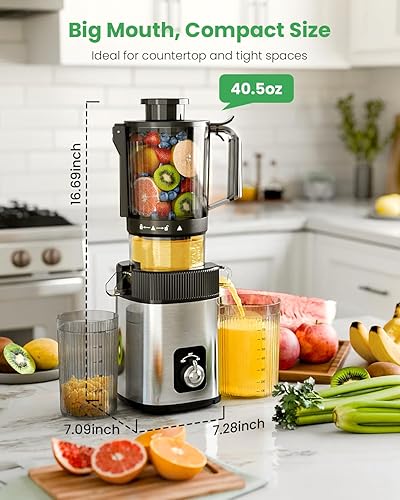 Miniatura 4 de Kismile Exprimidor de prensa en frío de 200 W, máquina exprimidora de verduras y frutas, canal de alimentación de 4.35 pulgadas de ancho, máquina de