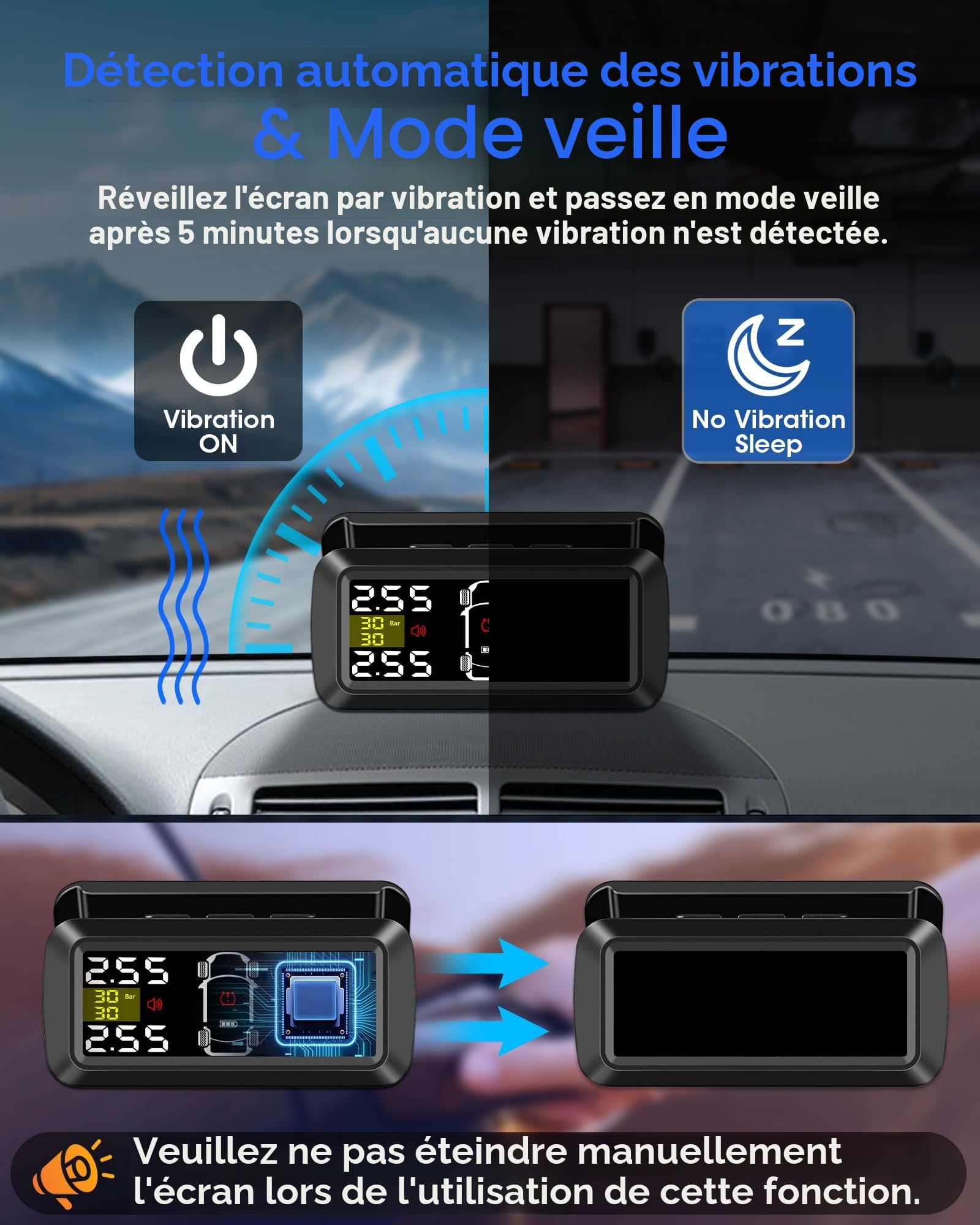 TPMS Système de Surveillance de la Pression des Pneus 【2/4-Roues Mode】0.01 Bar Haute Précision Recharge Solaire avec 3.5 Pouce Support Amovible avec 4 Capteur Pression Pneu pour Voiture SUV 5-87Psi
