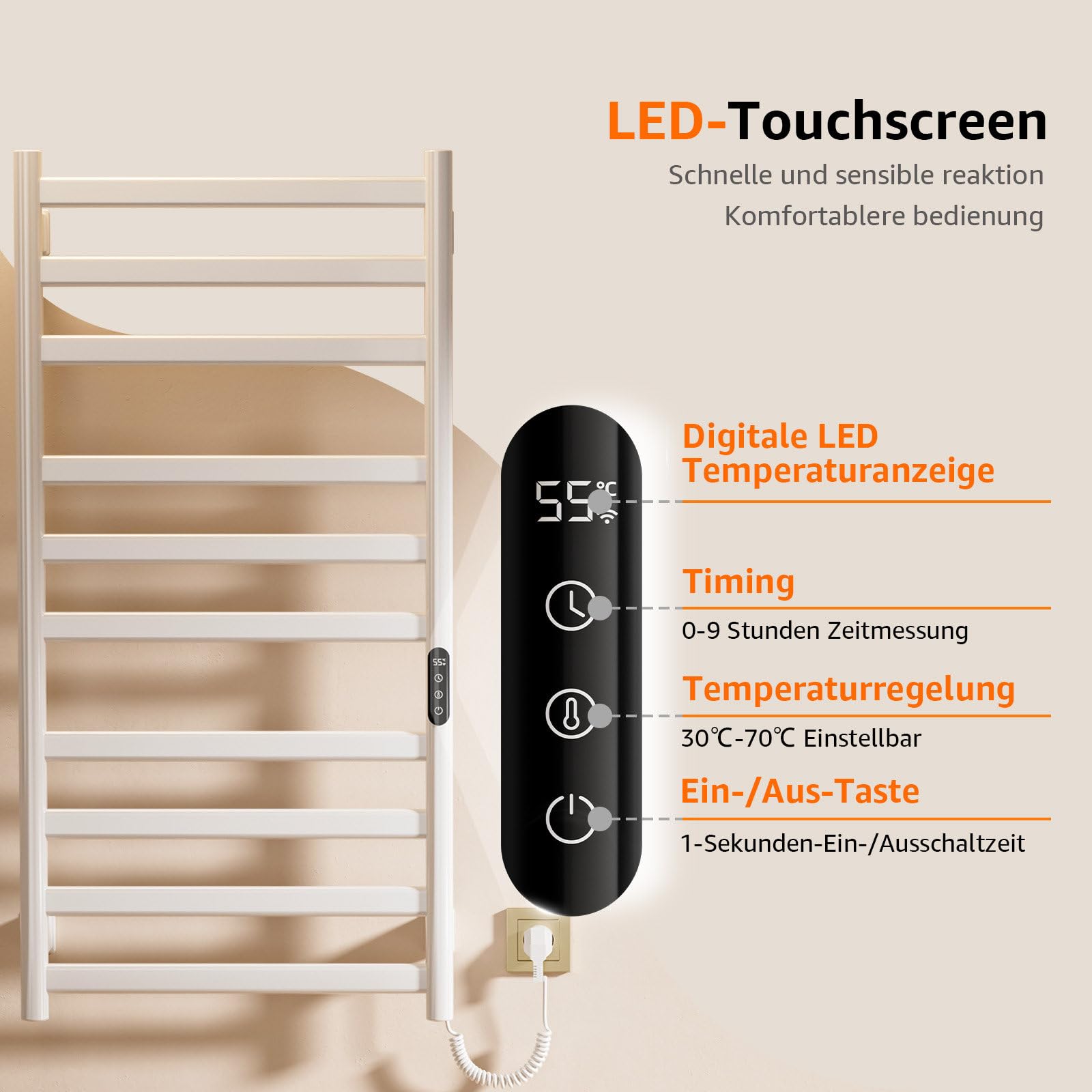 Handtuchheizkörper Elektrisch, 50 x 100cm Badheizkörper Elektrisch, 285W Elektrischer Handtuchtrockner mit LED-Touchscreen, Timer und Temperaturregelung, IPX4 Elektrischer Handtuchwärmer, Weiß