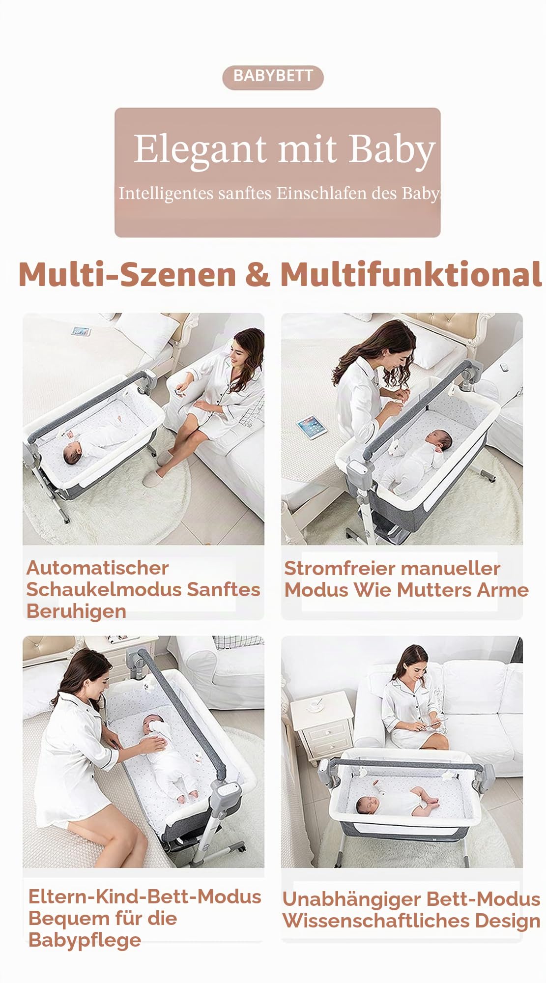 Magic ZC Beistellbetten Baby Bettchen Baby Bassinet Säugling Bettchen Schläfer Convertible Multifunktionale Portable Baby Swing Cradle mit Bluetooth Musik 5 Swaying Gears Remote Control (Khaki-1)