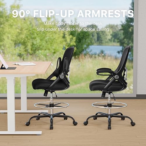 Miniatura 8 de Silla ergonómica de malla de respaldo alto silla de oficina alta taburete de escritorio de pie con anillo ajustable para el pie y brazos abatibles