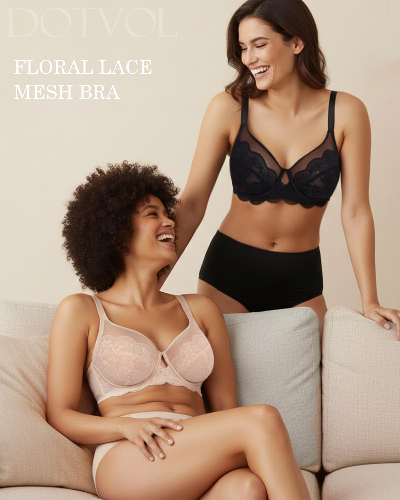 DotVol Soutien-gorge pour femme avec armatures en dentelle non rembourré Grandes tailles Sous-vêtements Minimiseur Transparent Confort Attrayant