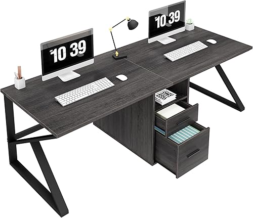 Miniatura 18 de IBF Escritorio negro para computadora con cajón de archivos, escritorio para 2 personas con estante de gabinete de almacenamiento, oficina moderna y