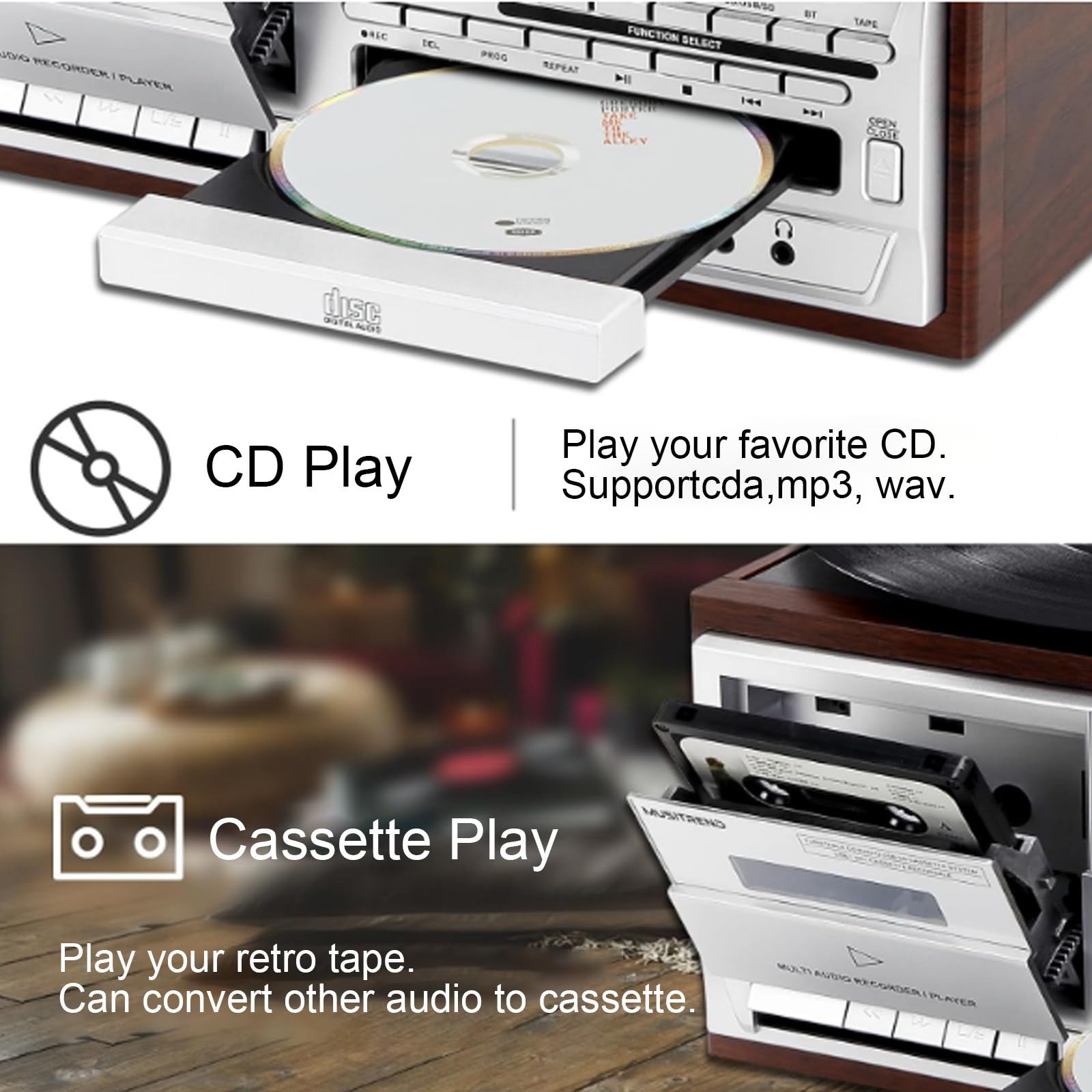 Tocadiscos 9 en 1 con radio AM/FM, USB, SD/MMC, CD, casete, tocadiscos de 3 velocidades para reproducción de vinilo, CD y casete