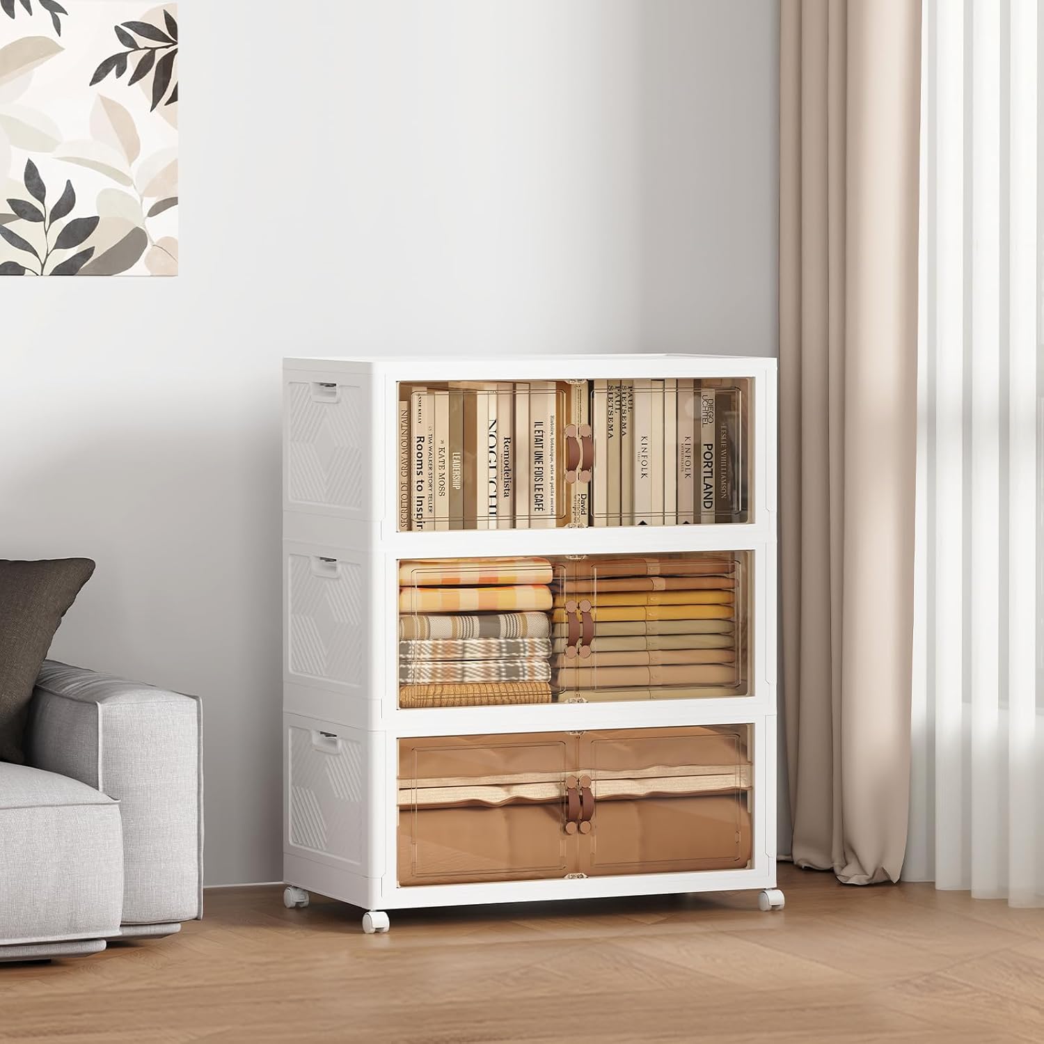 SAILUN 165QT/41Gal Stackable Storage Bins with Lid, Collapsible Storage Bins With Doors and Wheels, Folding Plastic Cabinet Containers for Home Closet Organization, 3 Pack, White