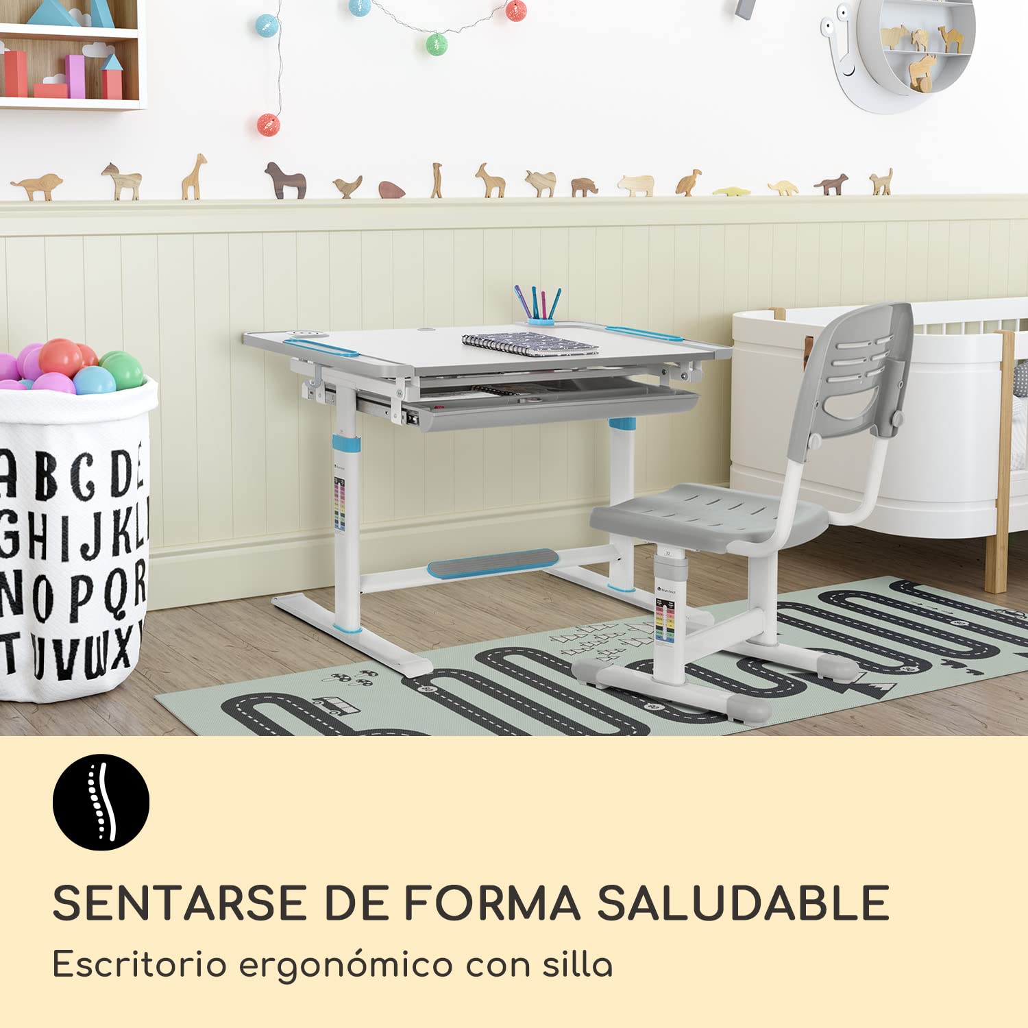 blumfeldt Escritorio Infantil, Juego de Mesa y Silla para Niños de 5 a 12 Años, Pupitre Infantil con Compartimento para Guardar Cosas, Juego de Escritorio y Silla para Niños para Dibujar y Pintar