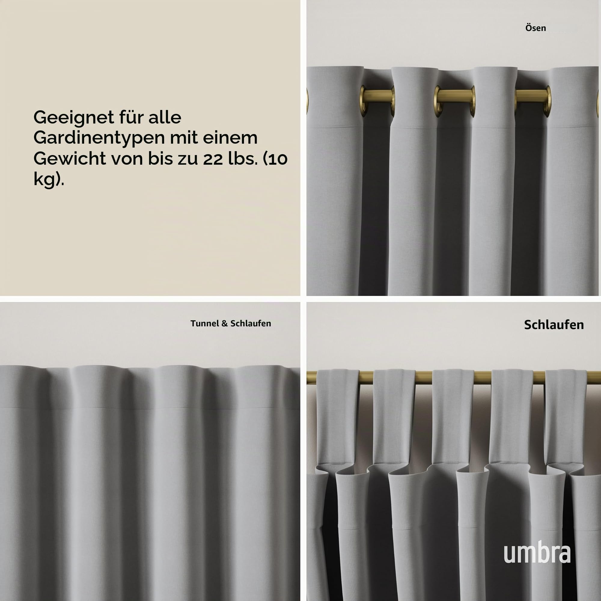 Umbra Loop Ausziehbare Vorhangstange mit D25mm, Verstellbare Länge 107-305 cm, Set inkl. Endstücke und Befestigungsmaterial, Gold