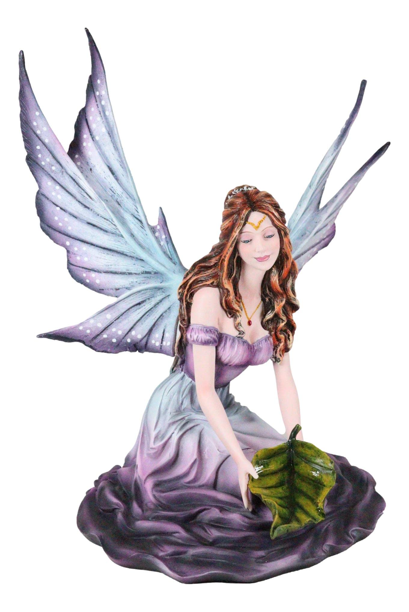 Ebros Gift Large Whimsical FAE Garden Fantasy Purple Rose Fairy with Large Leaf Kneeling On Flower Blossom Collectible Figurine Tribal Faery Accent