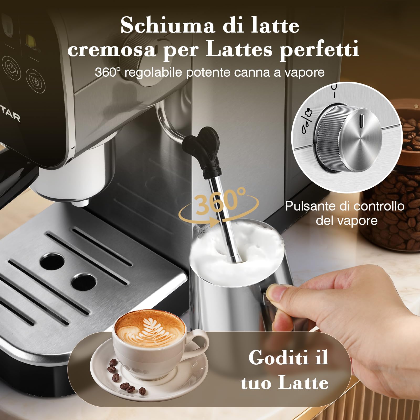 Aigostar Macchina Caffè Espresso 20 Bar per Capsule e Caffè Macinato, 0,9 L | Portafiltro, Schermo touch, con vaporizzatore latte, 1 o 2 tazze, 1350 W, inox, ideale per Espresso, Cappuccino e Latte