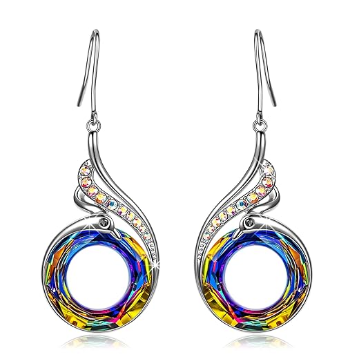 Kate Lynn "Rise From the Ashes" Phoenix Earrings, Sterling Silver Dangle Earrings with Crystals from Austria, Birthday Gift with Jewelry Box, Symbol of Luck and Renewal