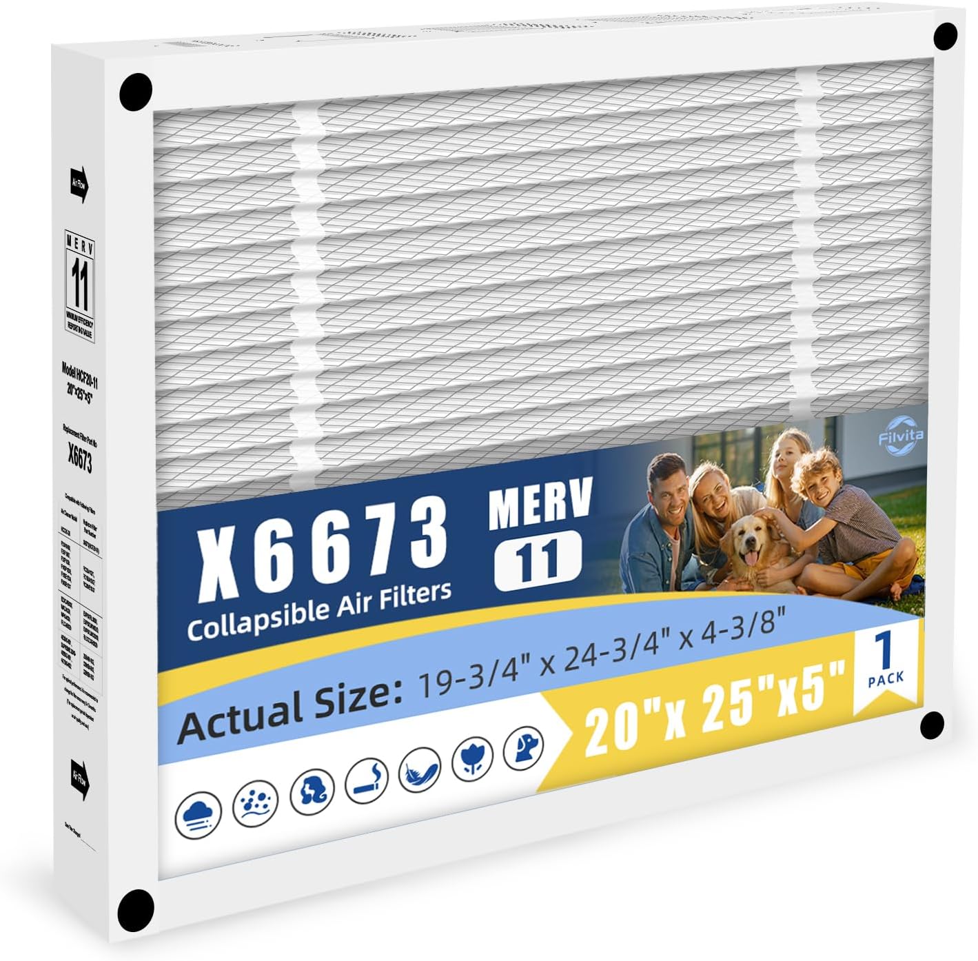 X6673 Air Filter 20x25x5 MERV 11,Replacement Furnace Filter Compatible with Lennox X6673,FC100A1037 HCF20-11 HVAC AC Foldable Design for Easy Installation (1-PACKS)
