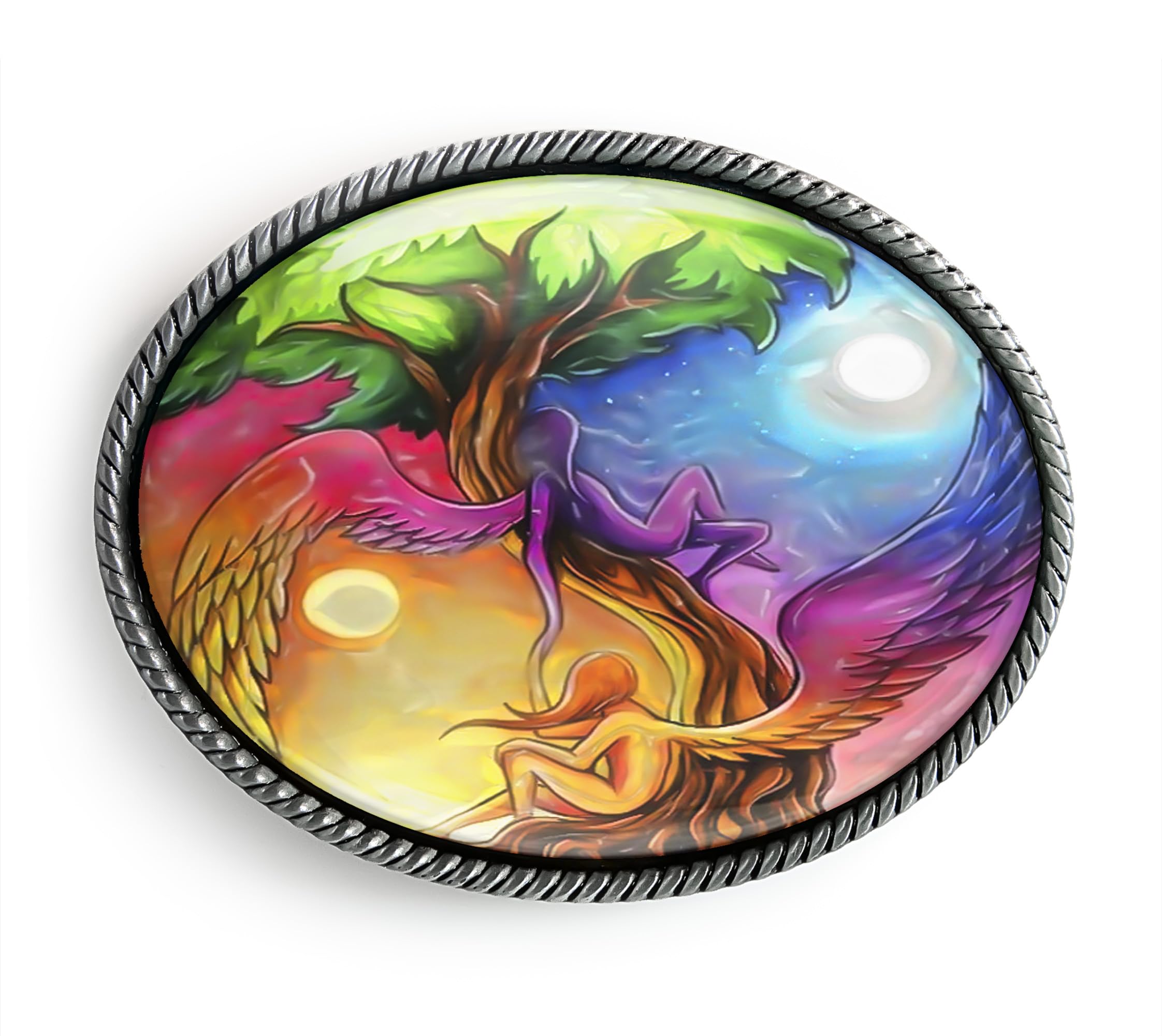 Yin Yang Tree of Life Belt Buckle - Celestial Fantasy Handmade Buckle (Antique Silver)
