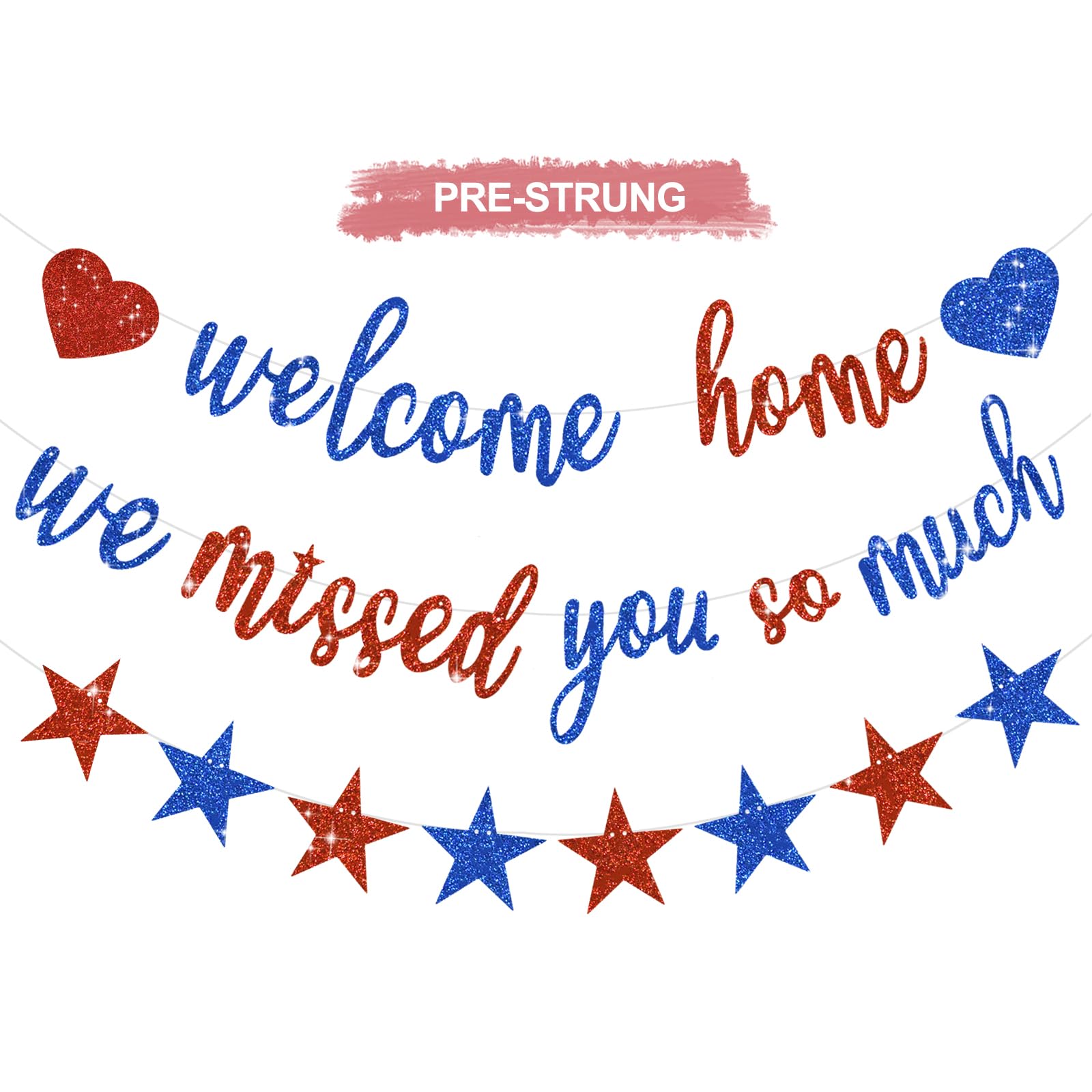 RICHHHA Glitter Red Blue Welcome Home We Missed You So Much Banner Pre-Strung Welcome Home Decorations Army Returning Homecoming Garland Sign Back to