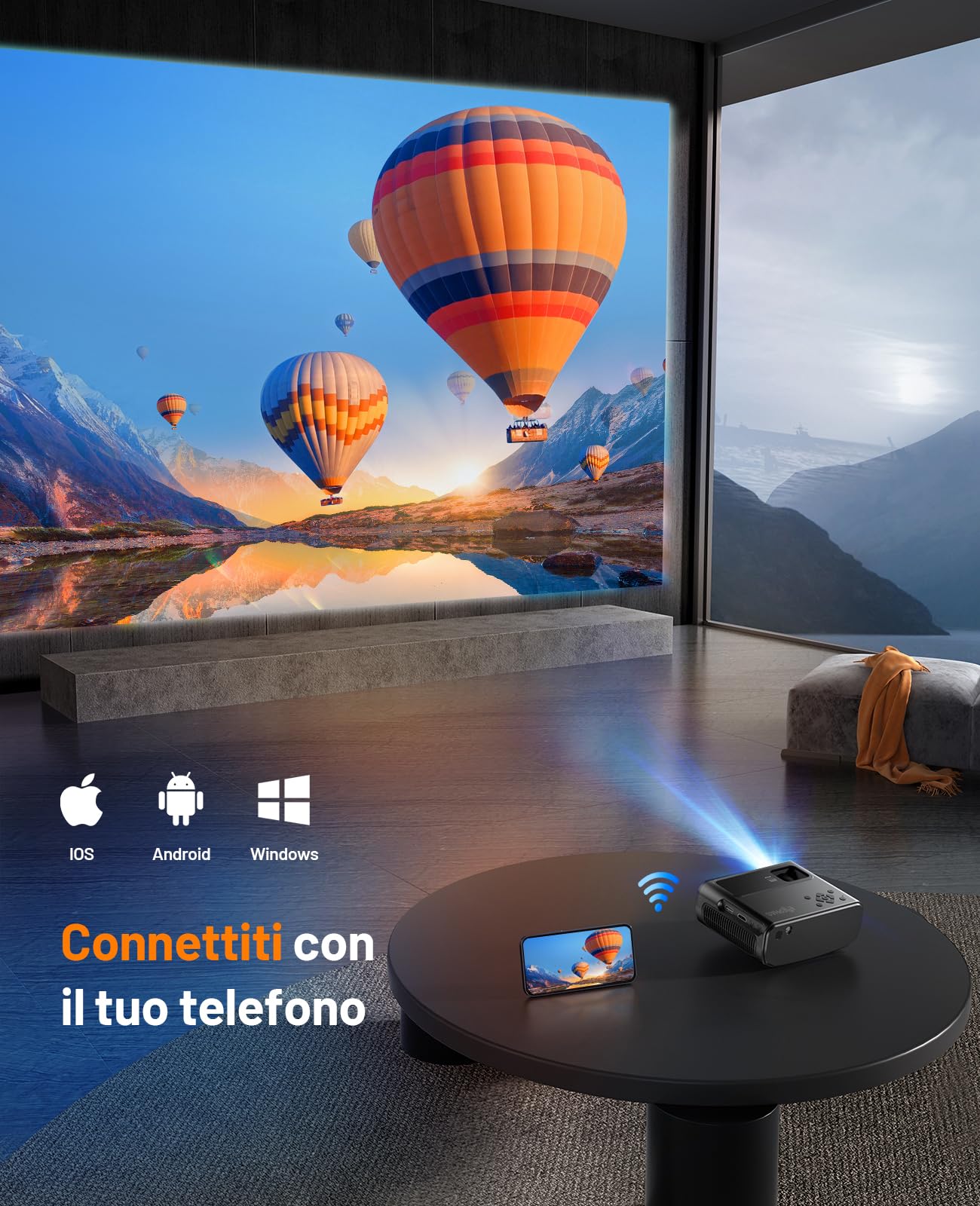 ELEPHAS 2023 - Mini proiettore WiFi aggiornato, 15000 Lux 1080P HD portatile, compatibile con iPhone/Android/Tablet/HDMI/TV Stick/USB (custodia e treppiede inclusi)