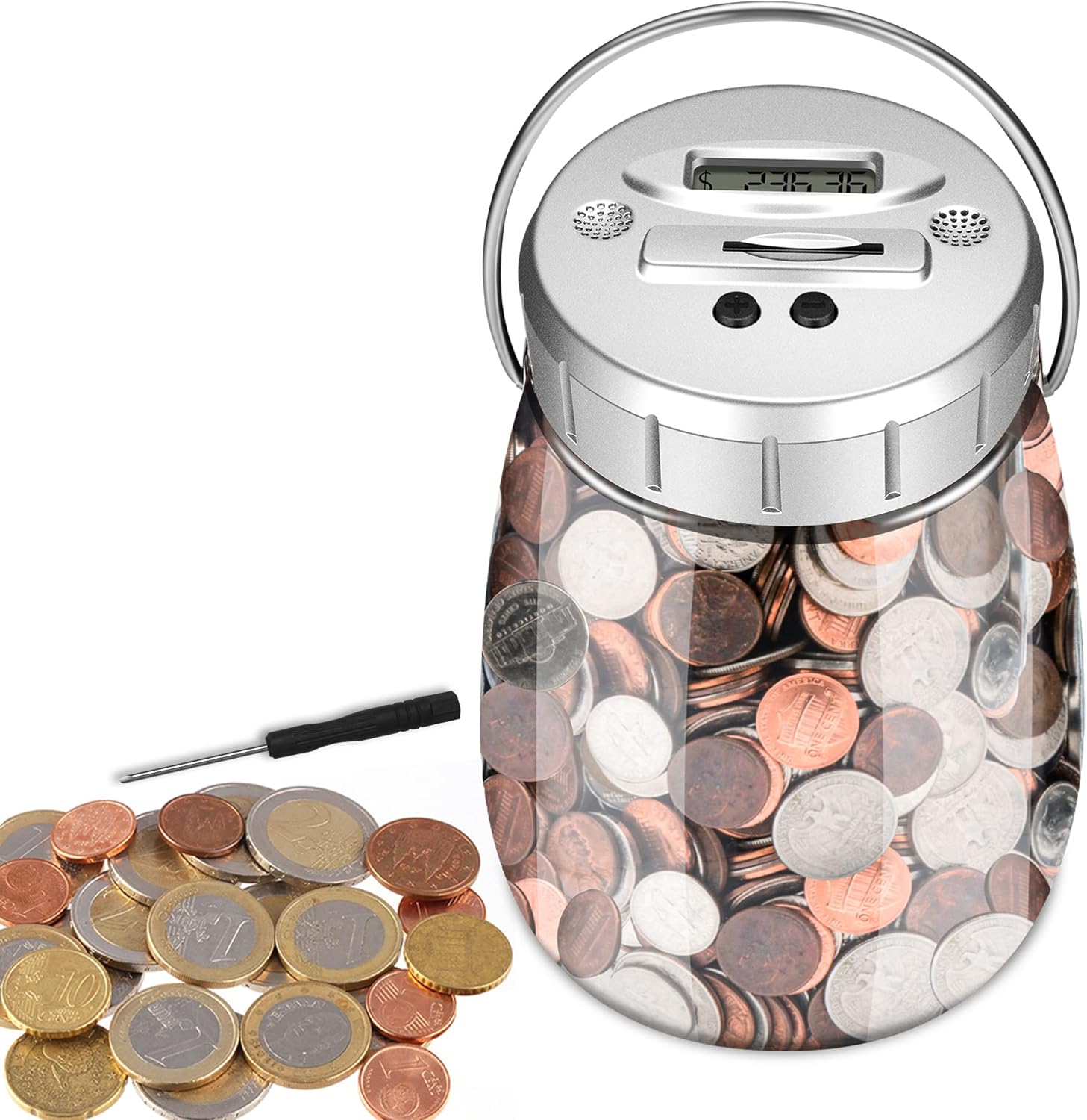 Digital Piggy Bank, LarmTek 2.4L Coin Bank Counting Money Box with LCD Display, Money Bank with