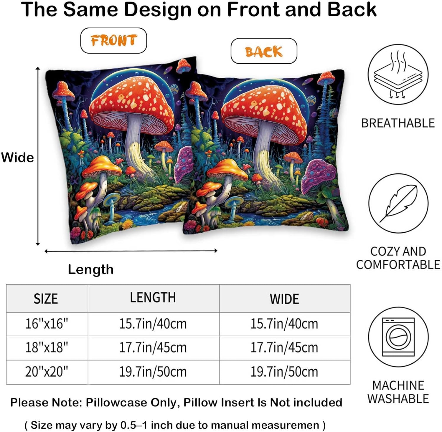 Mushroom Throw Pillow Covers 18x18 Set of 2, Hippie Decorative Square Cushion Cases for Sofa and Couch, All Seasons Pillowcases for Living and Bed Room - Image 6