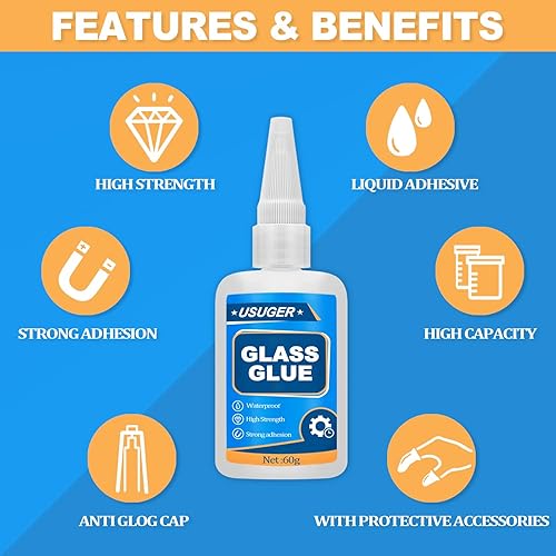 Miniatura 5 de Pegamento para vidrio, 1.23 onzas, adhesivo de curado súper rápido para plástico, cerámica, madera, metal, vidrio, goma, manualidades, transparente,