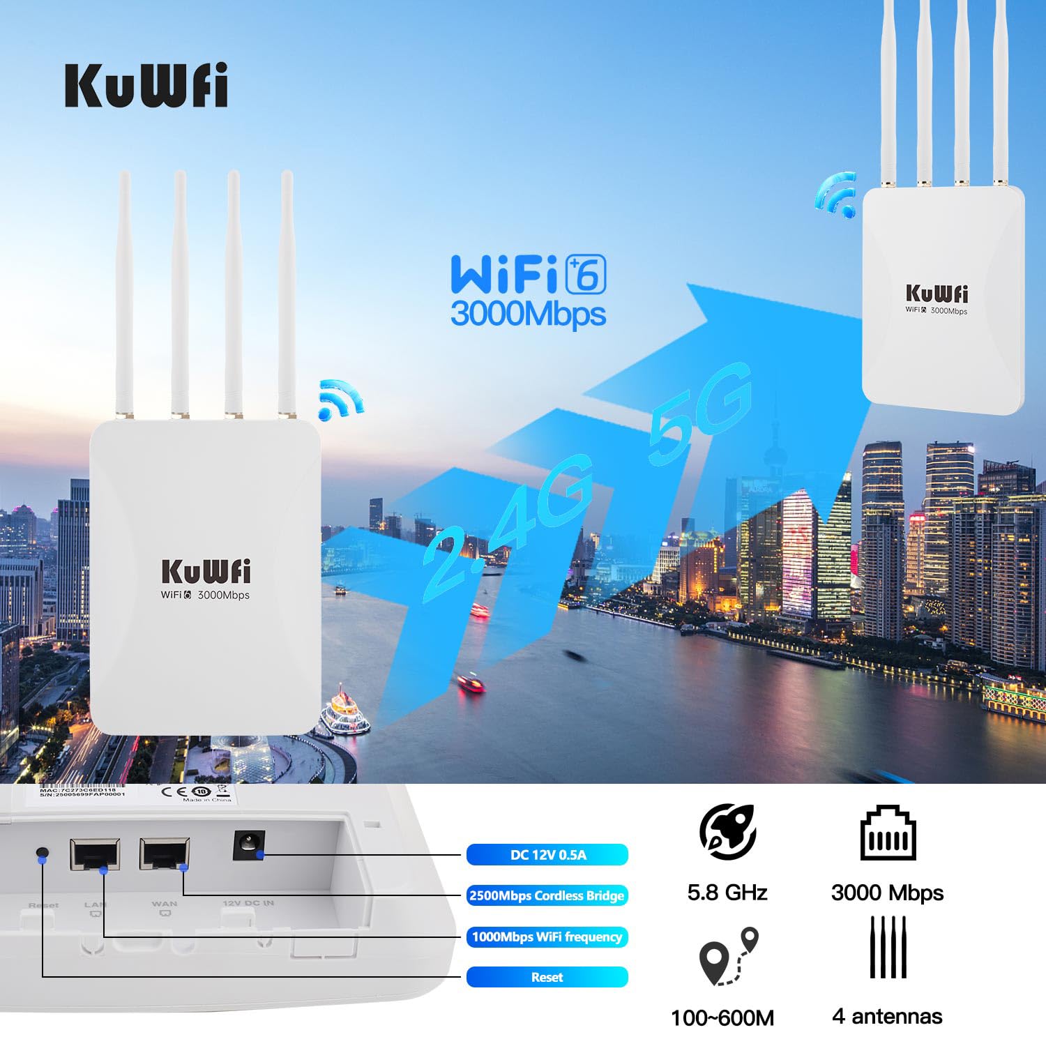 KuWFi Outdoor WiFi 6 Repeater & Extender, Punto di accesso WiFi 6 AX3000 Mbps 2,4 GHz e 5 GHz Point Bridge with 4 High Gain Antennas, Gigabit Port, Poe Powered, Supporto MU-MIMO, Seamless Roaming