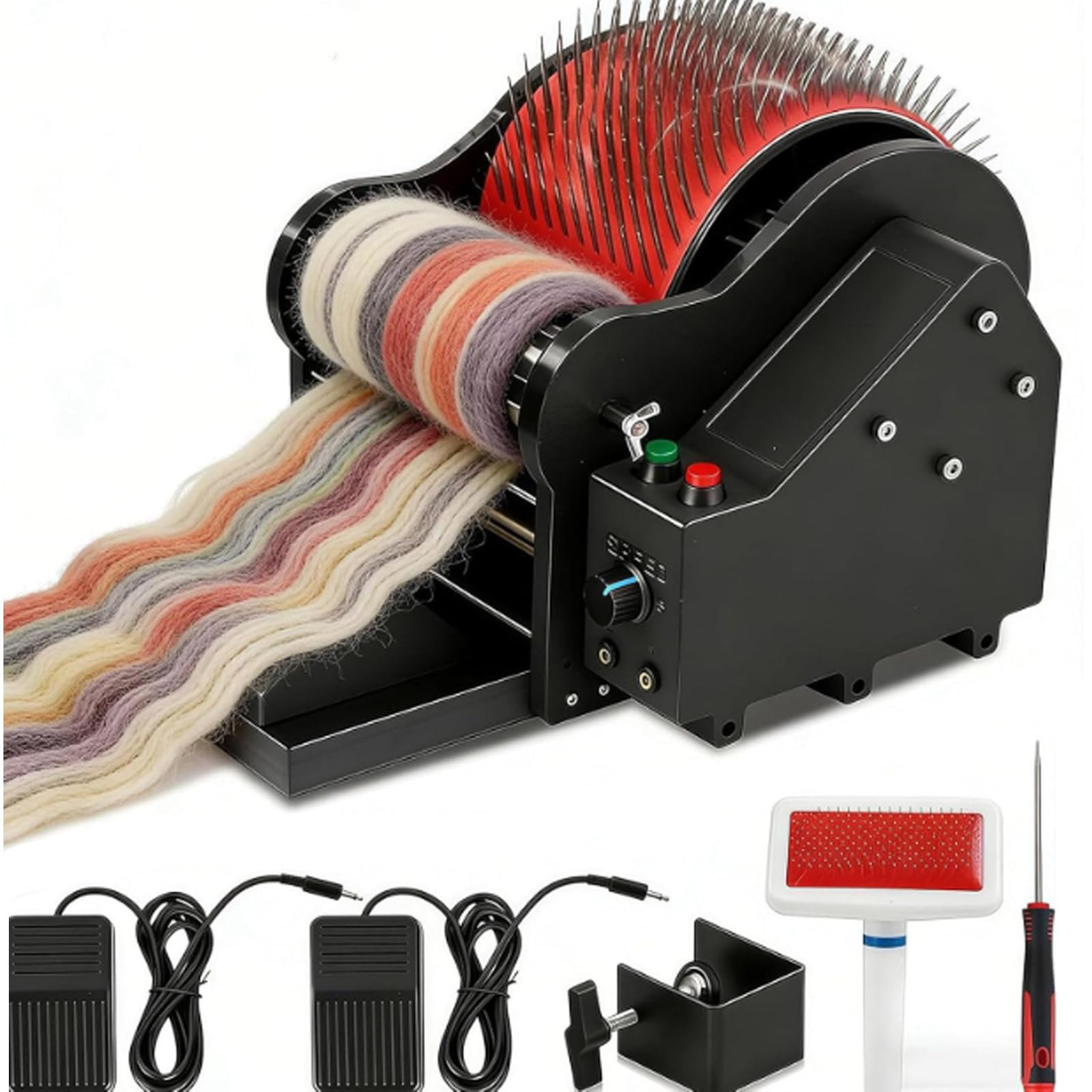 ZyKnaurral Electric Wool Carding Machine with Foot Pedal, Wool Fiber Drum Carder, Adjustable Forward and Reverse Speed, for DIY Felting, Fibre Blending, Colour Mixing and Impurity Removal