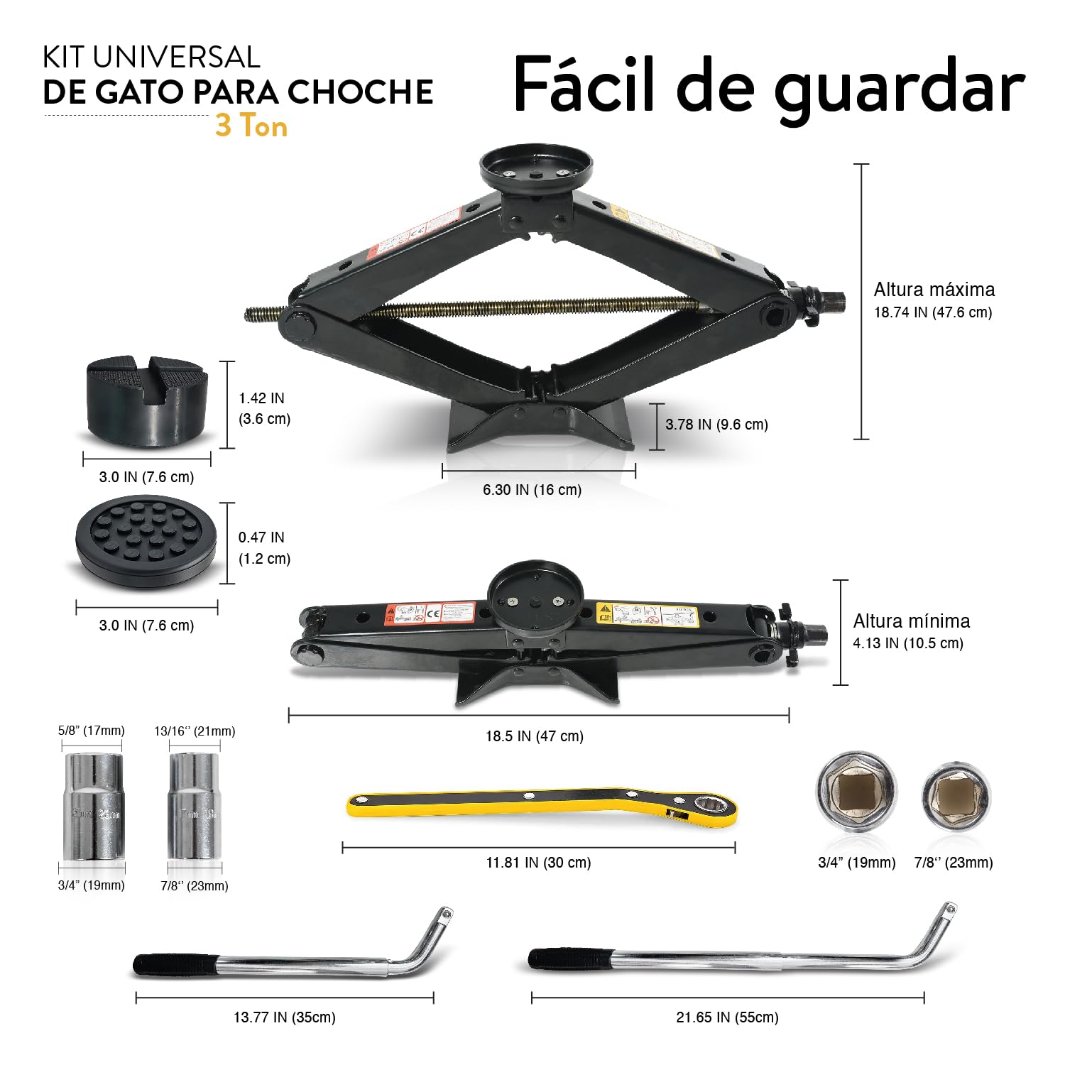 Kit Gato Hidráulico Coche 3 T | Gato de Tijera para SUV y Automóviles | Goma Cruz (+2,5 cm), Goma Plana para Vehículos Bajos, Llave para Ruedas Incluida, Kit de Emergencia, Cambio de Neumáticos
