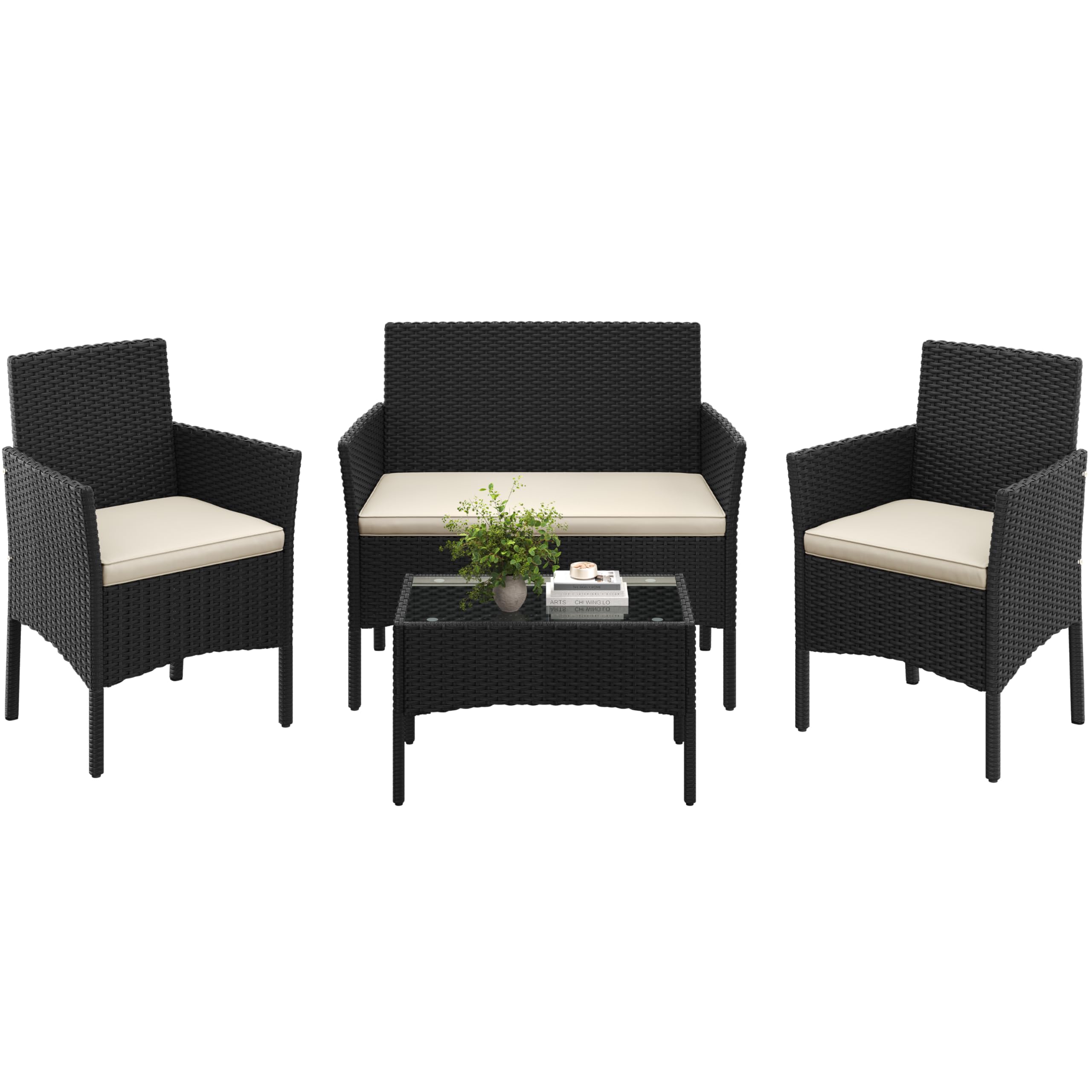 Yaheetech 4-Piece Rattan Patio Furniture Set, Outdoor 4 Seater Patio Conversation Sets with Glass Top Coffee Table, Weather Resistant Garden Conversation Set for Patio, Backyard, Deck, Black/Gray — view 7