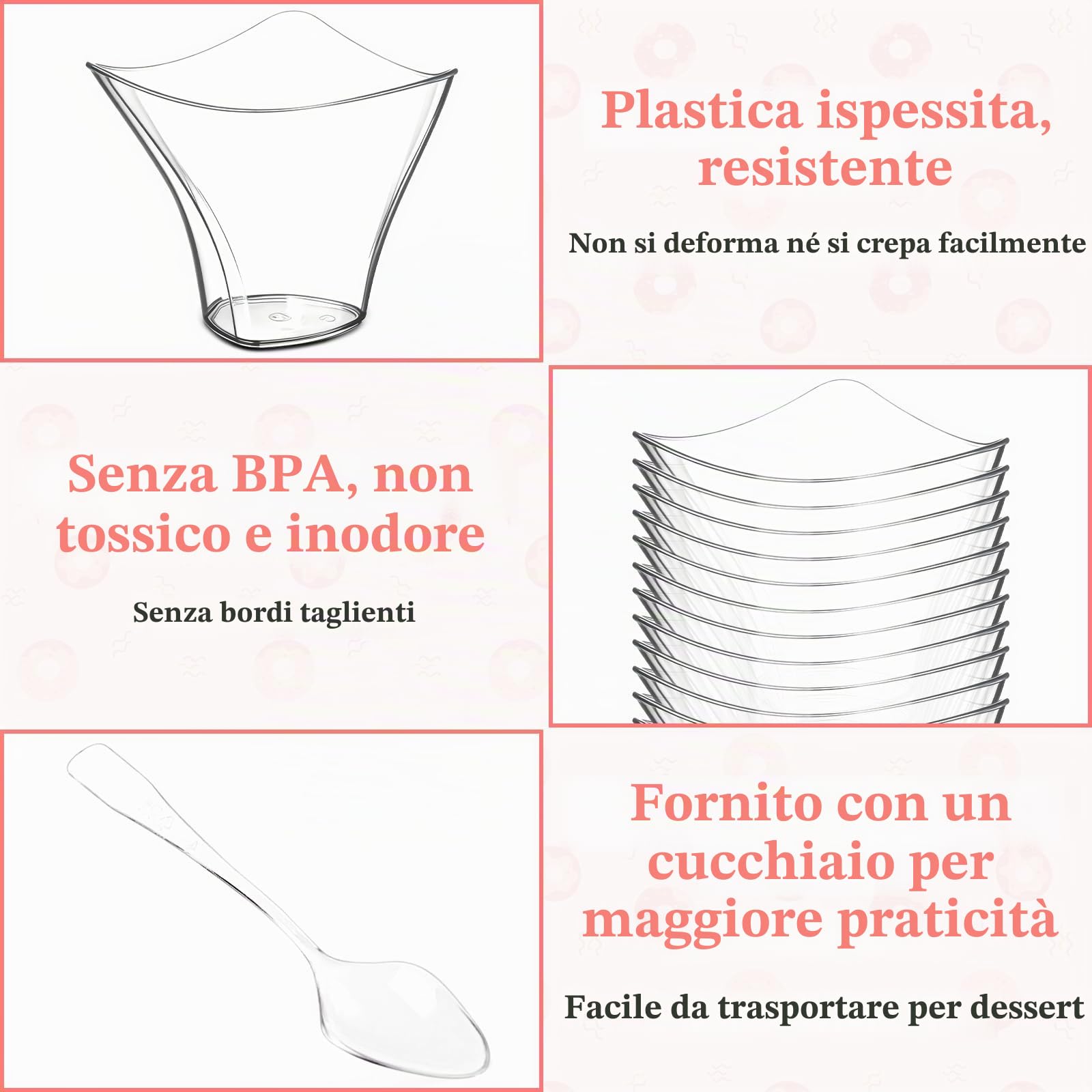 60 Pezzi Tazze Da Dessert 100 Ml/4oz, Plastica Bicchierini Finger Food Con 60 PCS Cucchiai,Rotonde Curve,Riutilizzabili Mini Trasparenti Bicchierini per Finger Food,Per Mousse,Budini,Gelati,Feste