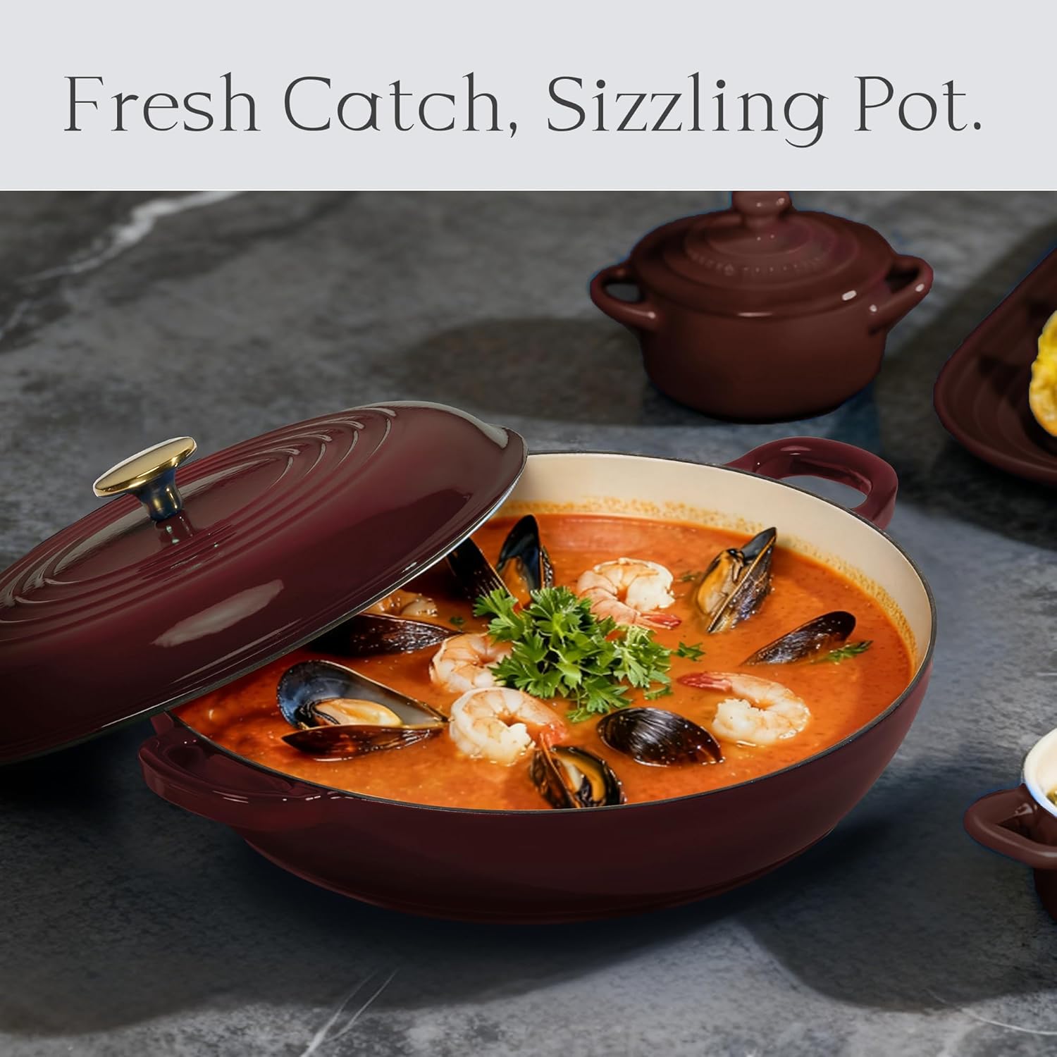 CAROTE 3.4QT Enameled Cast Iron Braiser Pan, Shallow Dutch Oven Casserole Skillets, Non-Toxic Cast Iron Pot with Lid for Grilling, Searing, Baking, Dual Handles, All Stovetop Compatible, Fig - Image 4