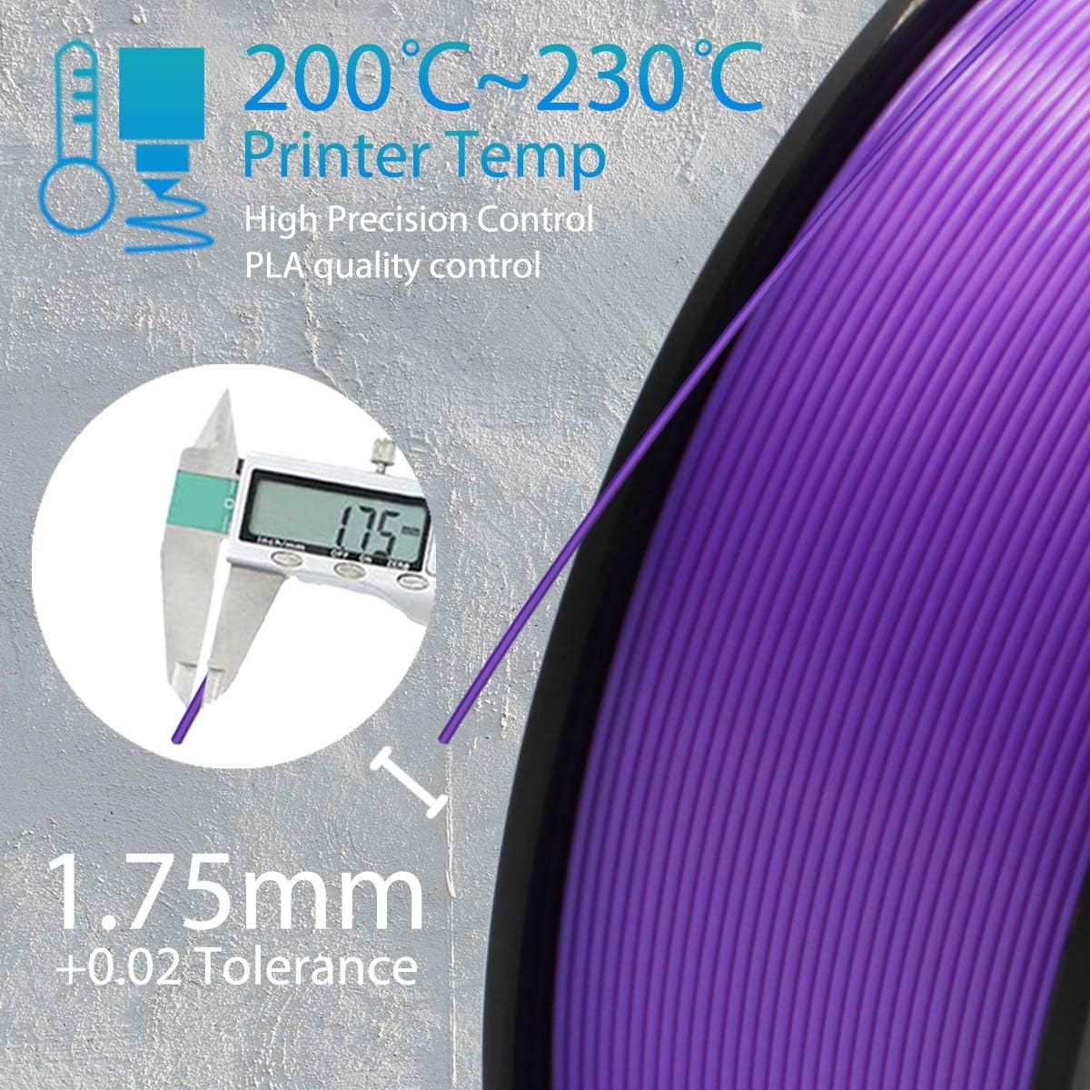 PLA 3D Printer Filament 1.75mm Printing Material Upgrade Version for 3D Printers Pens Accuracy +/- 0.02 mm Purple 200g/Spool About 65 Meters(214 Feet)