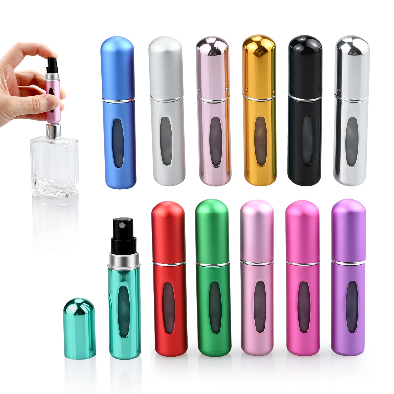 12 Pezzi Porta Profumo da Viaggio 5ml- Mini Atomizzatore Profumo, Boccetta Profumo Ricaricabile Anti-Perdite, Buono per viaggi