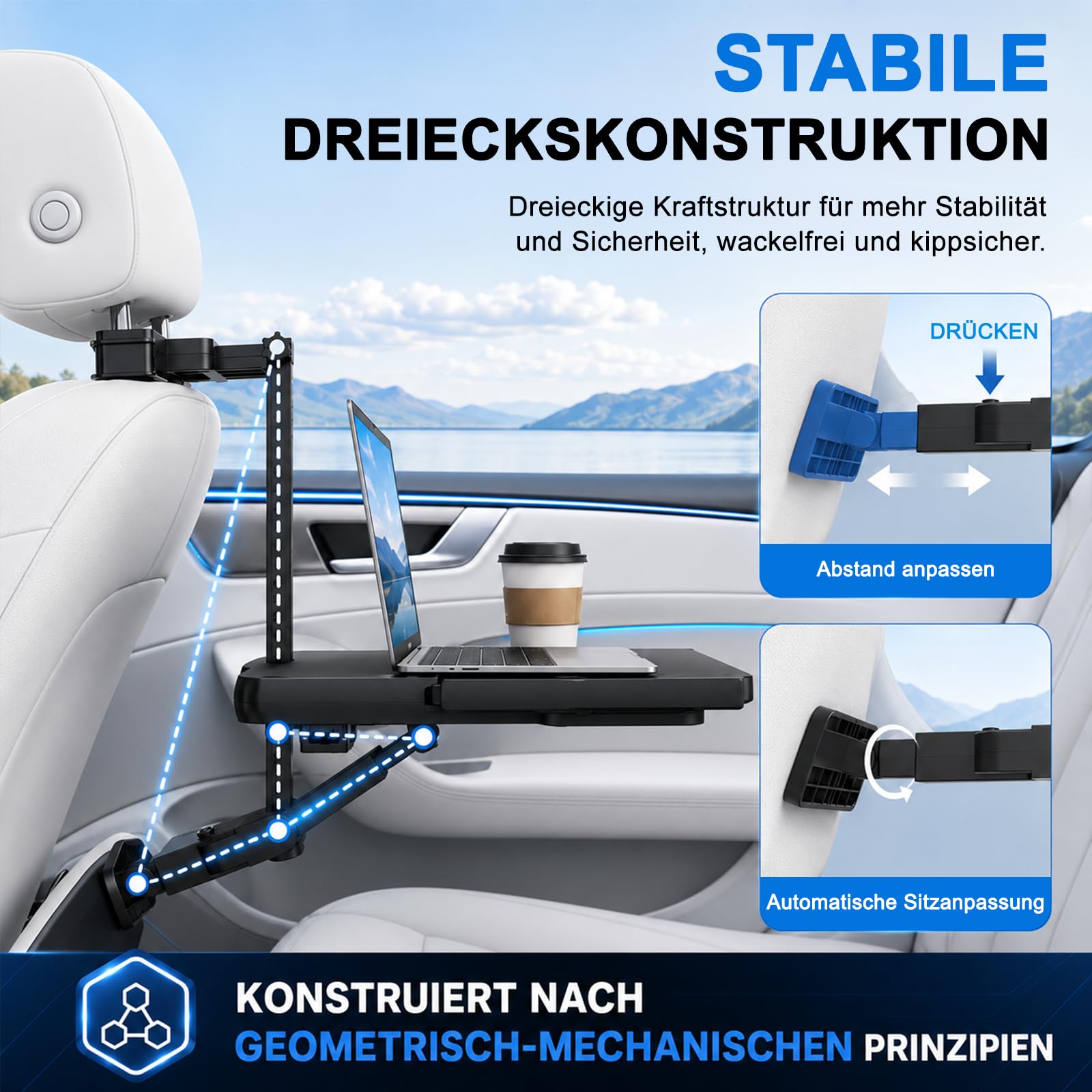 2 in 1 Auto Tisch für Beifahrer und Lenkrad | Klappbarer Auto Tisch für Rücksitz mit Getränkehalter und Handyhalter, Laptop-Schreibtisch für für Reisen, Arbeiten, Essen