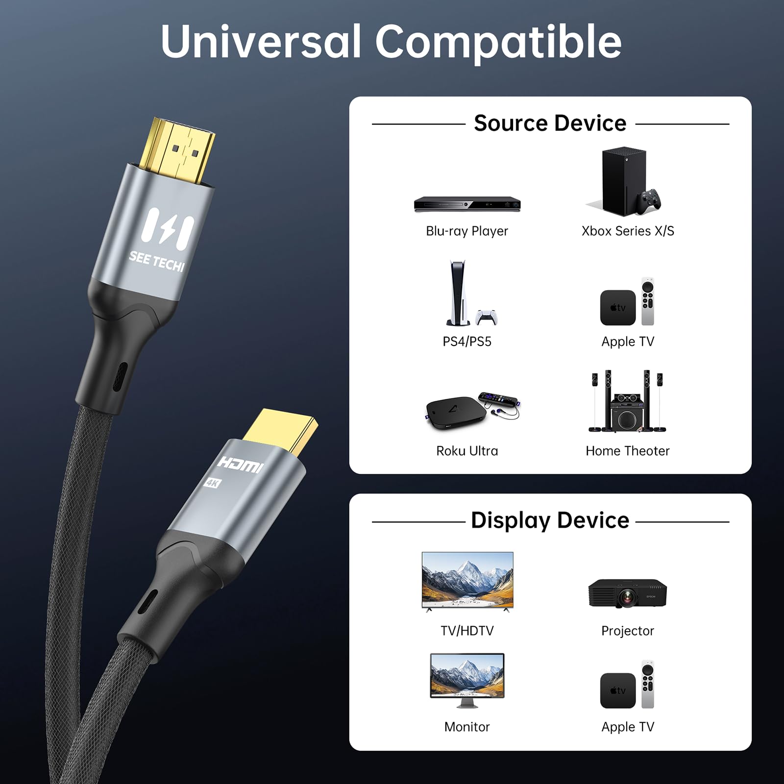 Câble HDMI 4K de 2 m, certifié ultra haut débit, câble tressé 4K @ 60 Hz, DTS:X, HDCP 2.2 et 2.3, HDR 10 compatible avec Roku TV/PS5/HDTV