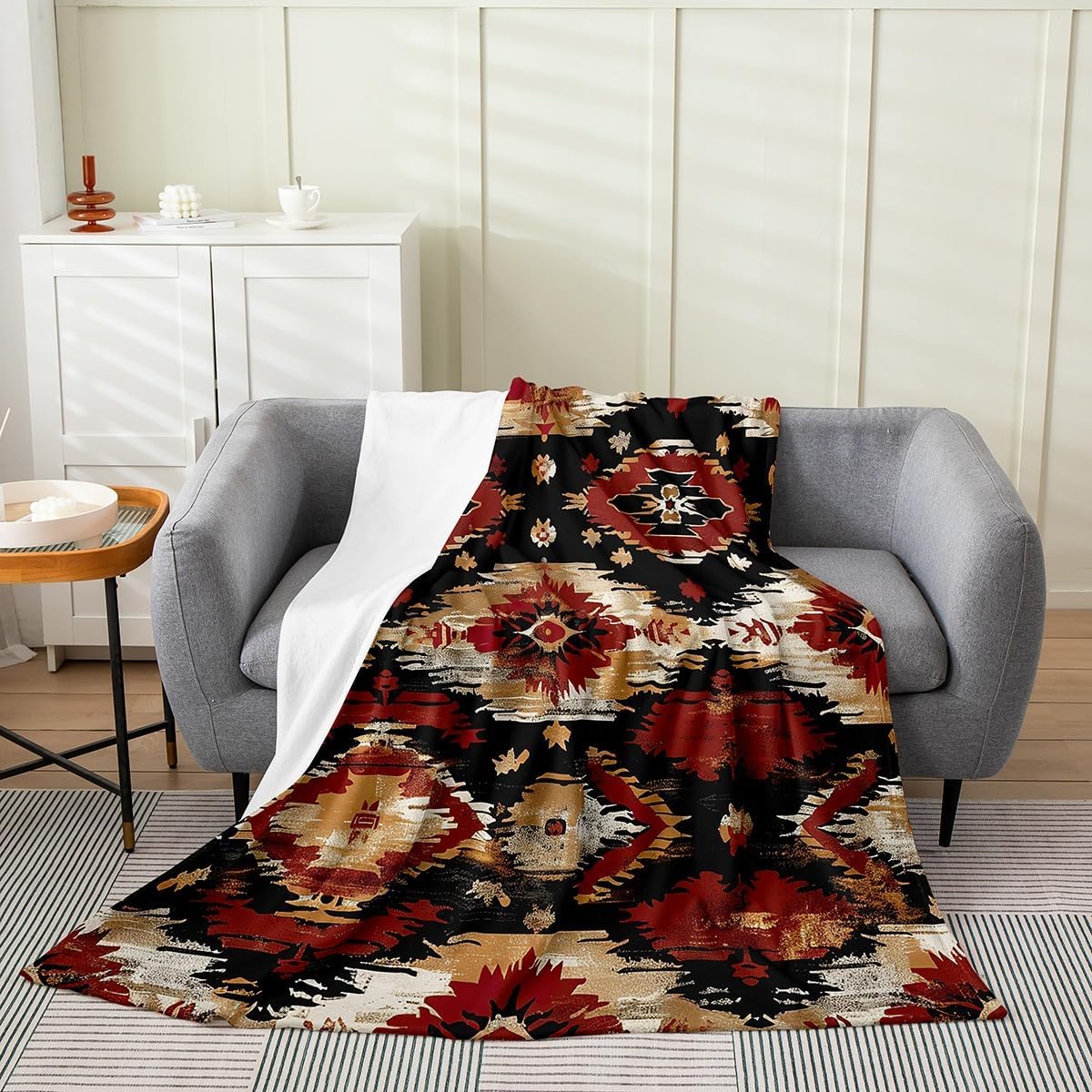 jejeloiu Red Southwestern Fuzzy Blanket Twin 60"x80" Geometric Flannel Fleece Throw Blanket Tribal Native American Indian Design Vinatge Bed Blanket Exotic Style Stripe Line Plush Blanket - Image 2