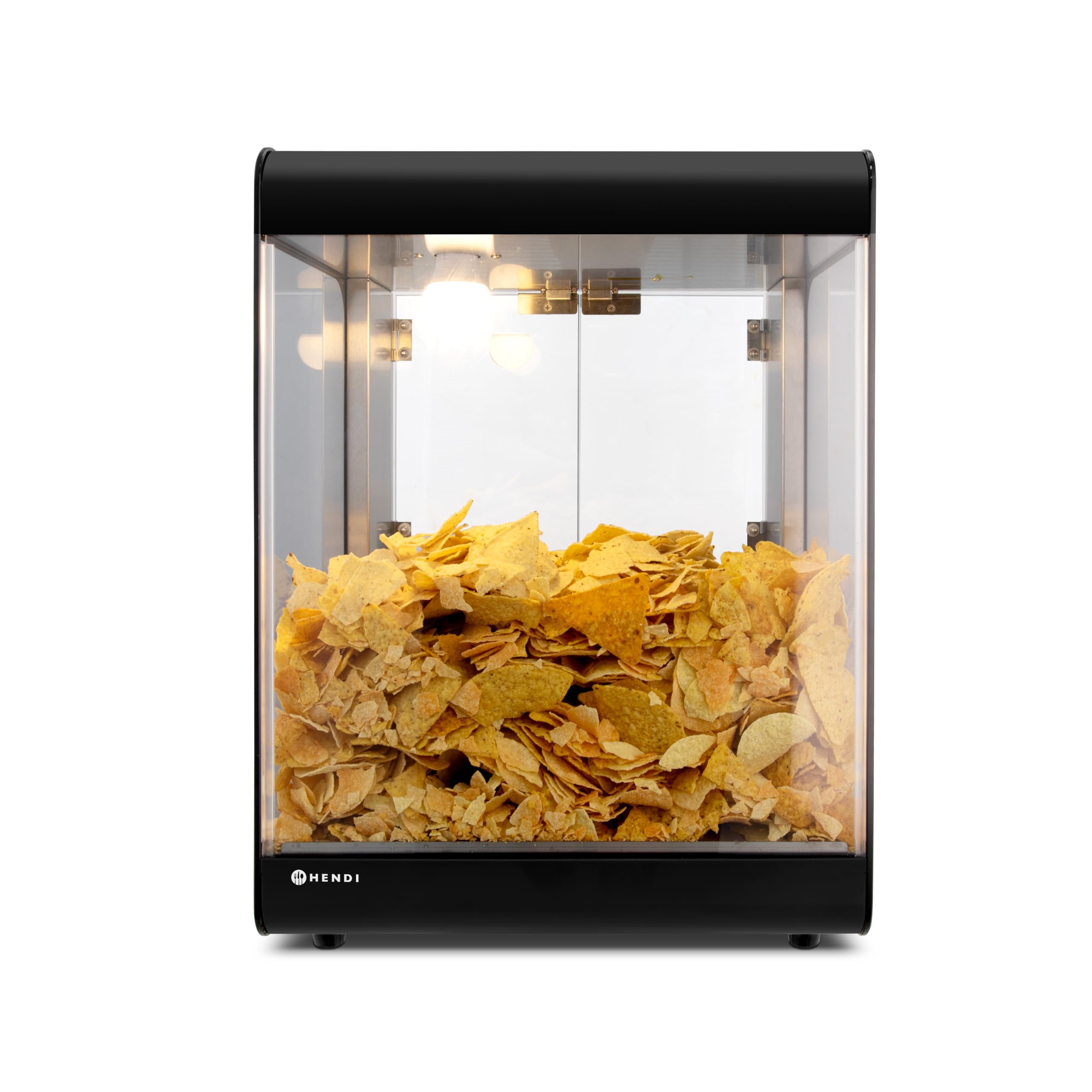 HENDI Máquina calienta nachos,Vitrina expositora calienta nachos, tortillas, palomitas de maíz, 230V, 500W, 400x344x(H)525mm, acero inoxidable 18/0, vidrio templado ahumado, negro