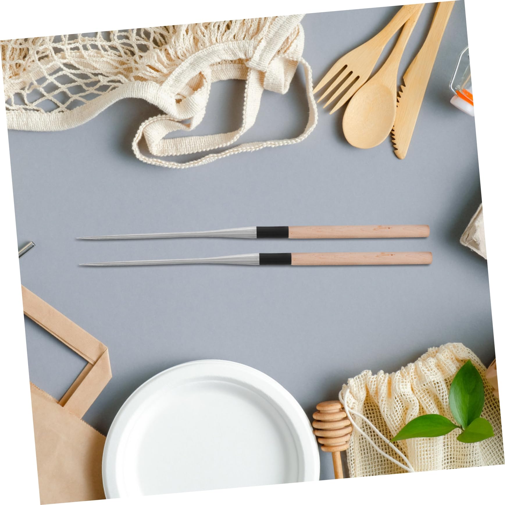 HEALLILY Palillos Japoneses de Acero Inoxidable y Madera, Punta Puntiaguda, Largos para Cocinar y Evitar Quemaduras, Paquete de 2 para Restaurante Japonés y Cocina