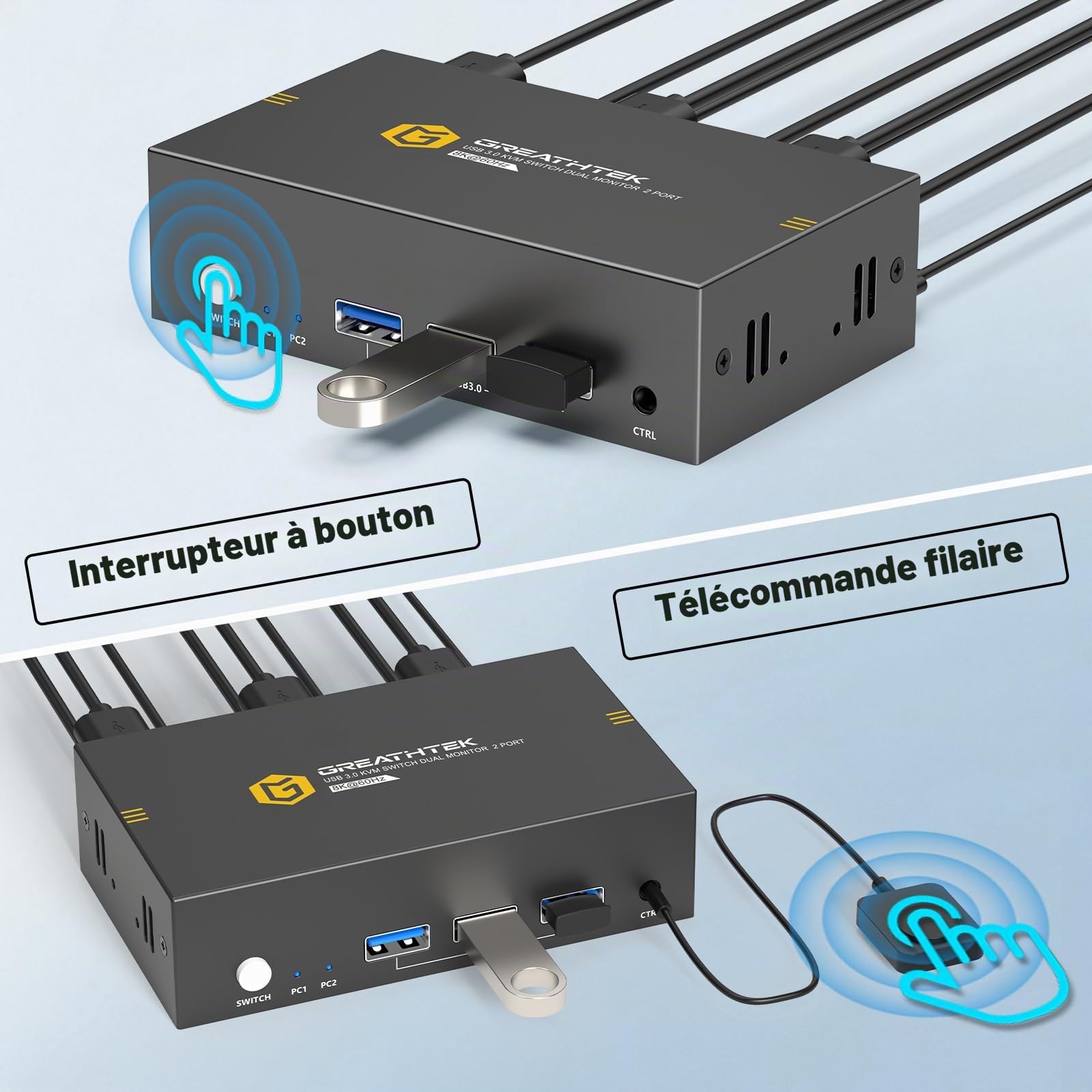 Commutateur KVM HDMI 8K@60Hz 2 PC 2 Moniteurs, Switch KVM USB 3.0 4K@240Hz | 3 Ports USB-A + 1 Port USB-C, Partage Clavier Souris Imprimante et Disque U, Mode Extension et Copie, Contrôleur Inclus