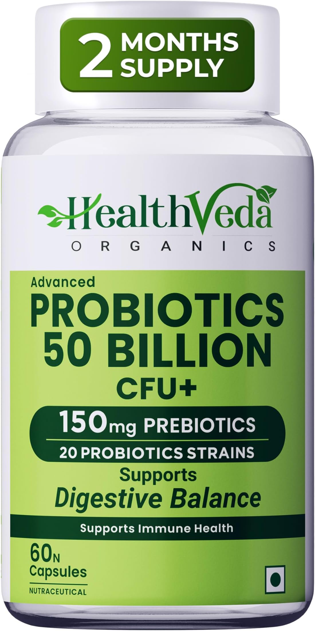 Health Veda Organics Probiotics 50 Billion CFU โ Daily Gut, Digestion & Immunity Support โ for Men & Women โ 60 Veg Capsules