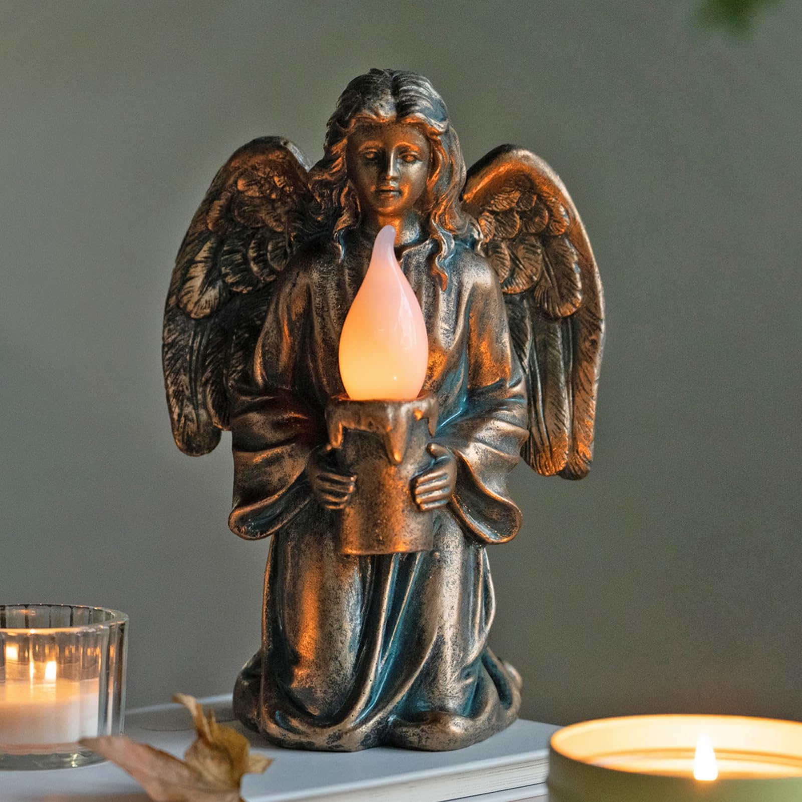Outdoor Angel Statues, Praying Angel Statues with Solar Light,Solar Angels for Cemetery Grave,Guardian Angel Statue for Patio Lawn Yard Porch Decoration Home,7.48 inch