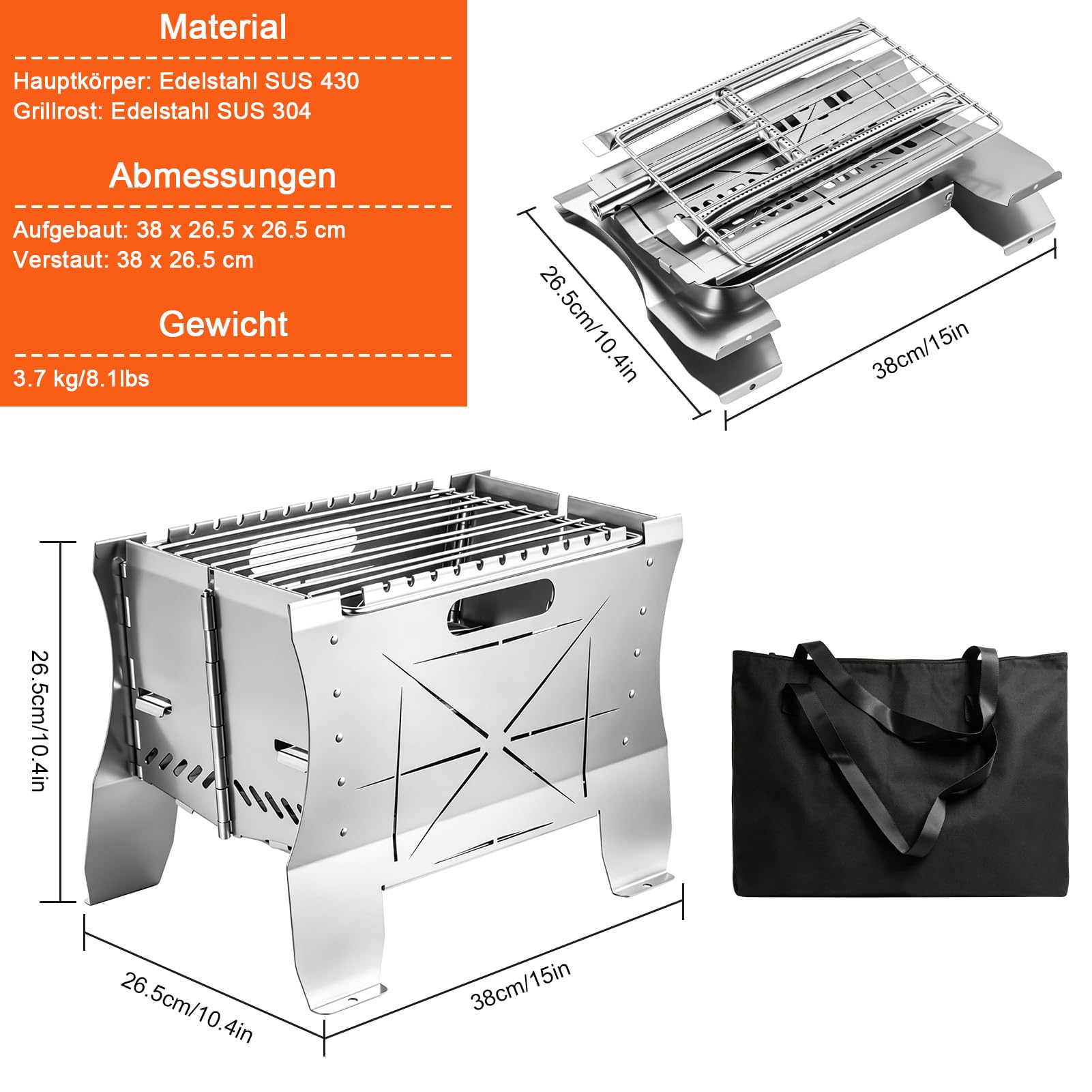 Grill Gas - 26.5×21×38cm Mobiler Gasgrill Klein, Tragbarer Edelstahl Campinggrill | Gas & Holzkohlebetrieb - Faltbarer Campingkocher Propangas-Grills mini für Camping, Balkon, Garten, Outdoor