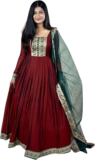 DOSPARO Elegant Vichitra Silk Gown with Jacquard Zari Border – Includes Soft Net Dupatta with Lace Trim – Parrty Wear Ethn...