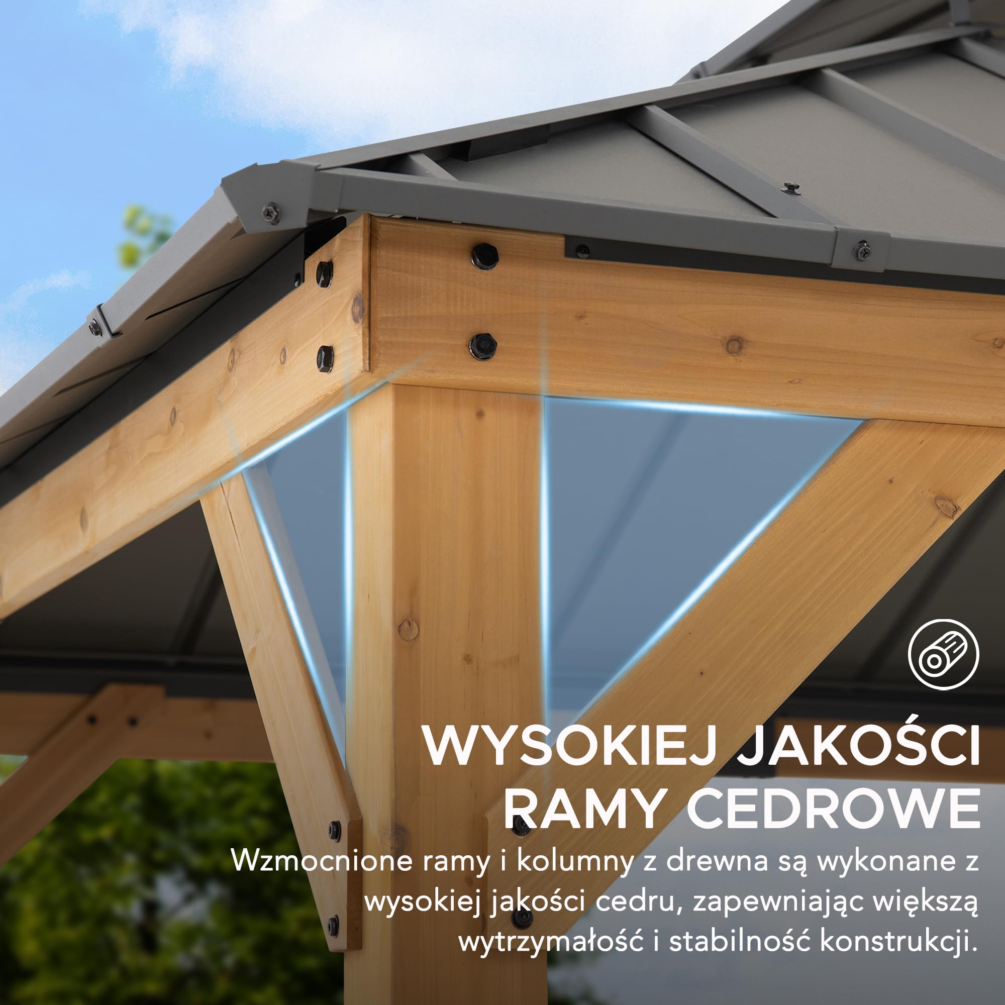 SUNJOY Altana Drewniana z Solidnym Daszkiem 3,3x3,3m z Oświetleniem Solarnym, Stalowy Dach Czterospadowy & Wypełnienie z Poliwęglanu, Odporna na Śnieg & Promieniowanie UV, Trwała Altana Ogrodowa na Ta