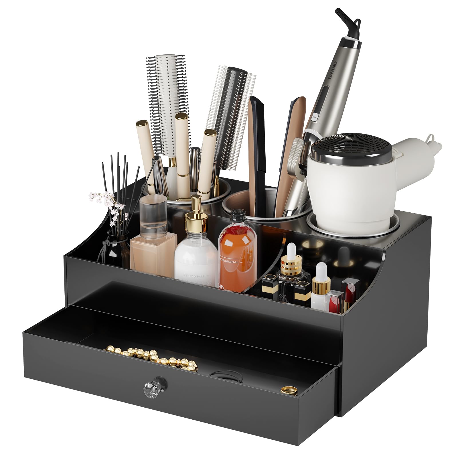 Haar-Werkzeug-Organizer, Acryl-Haartrockner-Halter für Glätteisen und Lockenwickler, Badezimmer-Schminktisch-Arbeitsplatten-Organisation für Make-up-Zubehör (schwarz)
