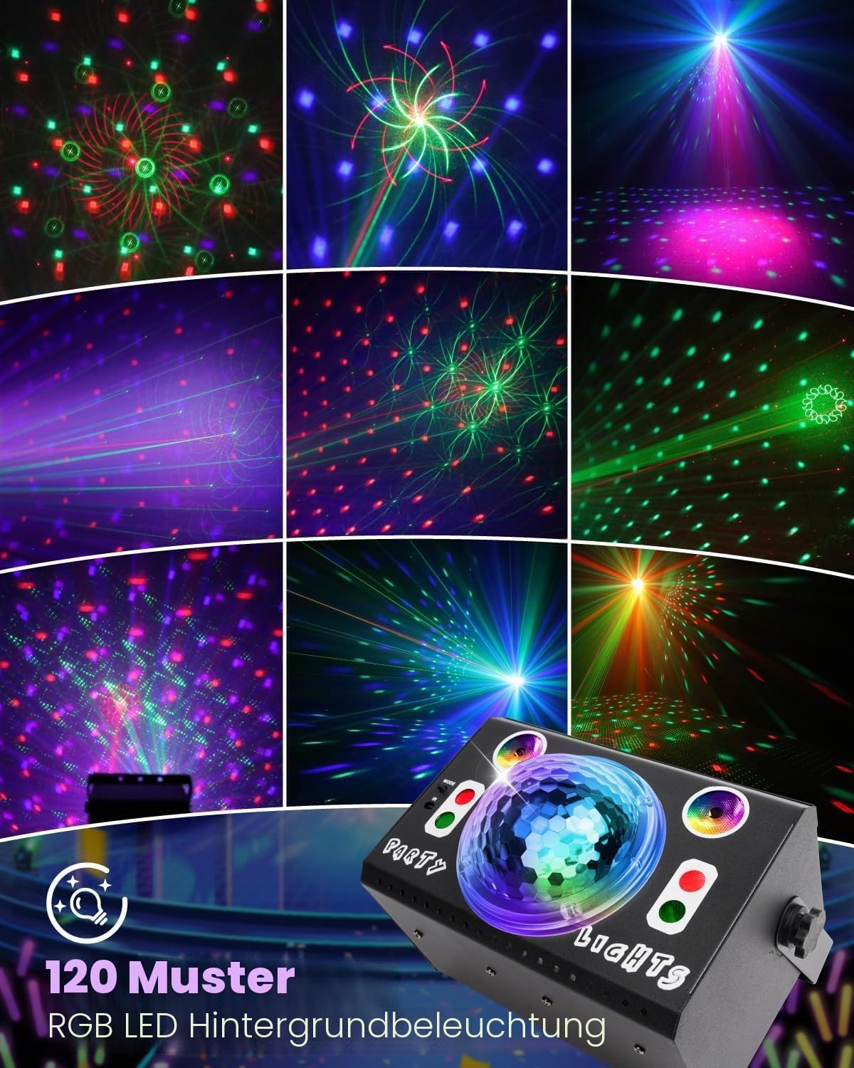 Klarlight Discolicht Partylicht mit Fernbedienung, 120 Muster Effekte, DJ Party Lichter, Musikaktiviertes Stroboskoplicht für Hauspartys, Geburtstage, KTV, Bars, Hochzeiten, Halloween, Weihnachten