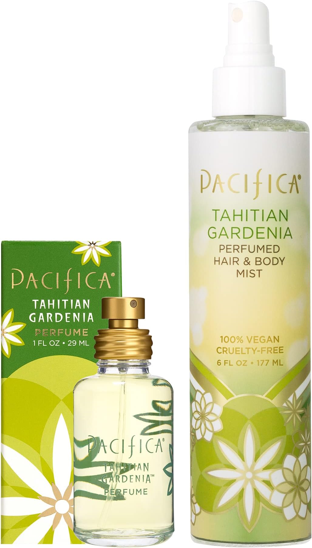 Pacifica Tahitian Gardenia Spray Perfume & Hair Mist and Body Spray Set - Exotic Gardenia Clean Fragrance Duo, Essential Oil Blend, Alcohol-Free Hair/Body Mist, 100% Vegan & Cruelty-Free